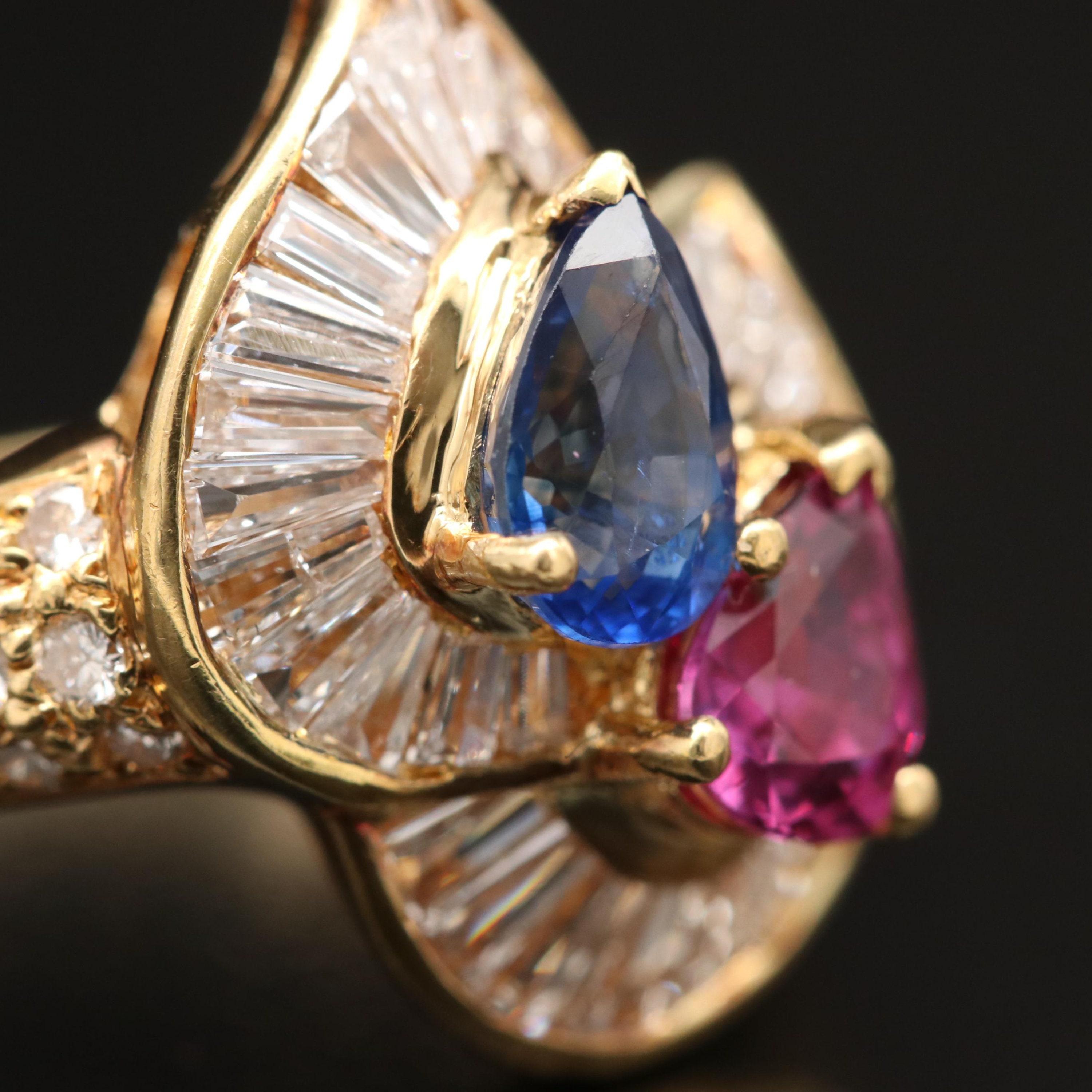 For Sale:  Antique Pear Cut Sapphire Ruby Engagement Ring Yellow Gold Diamond Cocktail Ring 2