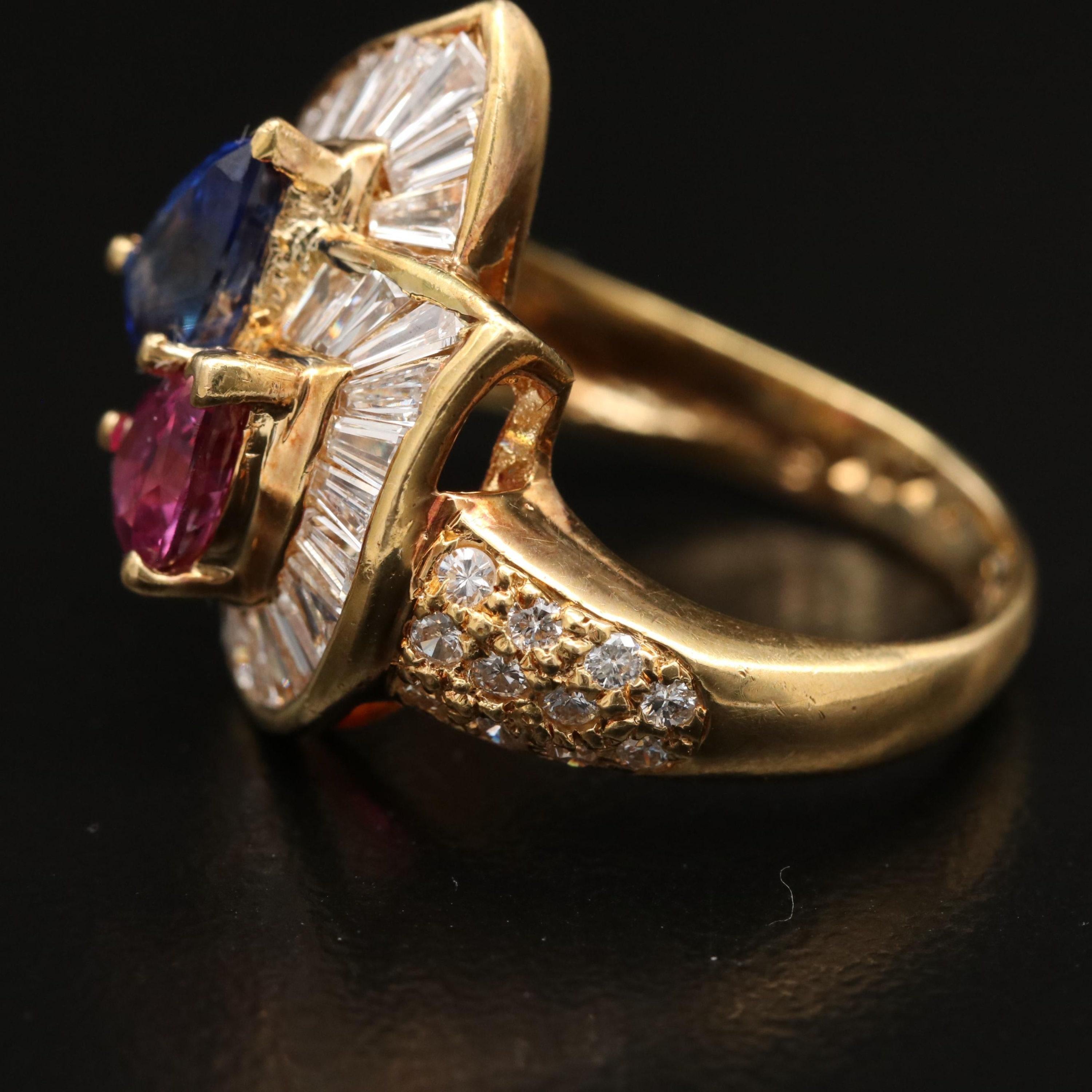 For Sale:  Antique Pear Cut Sapphire Ruby Engagement Ring Yellow Gold Diamond Cocktail Ring 4