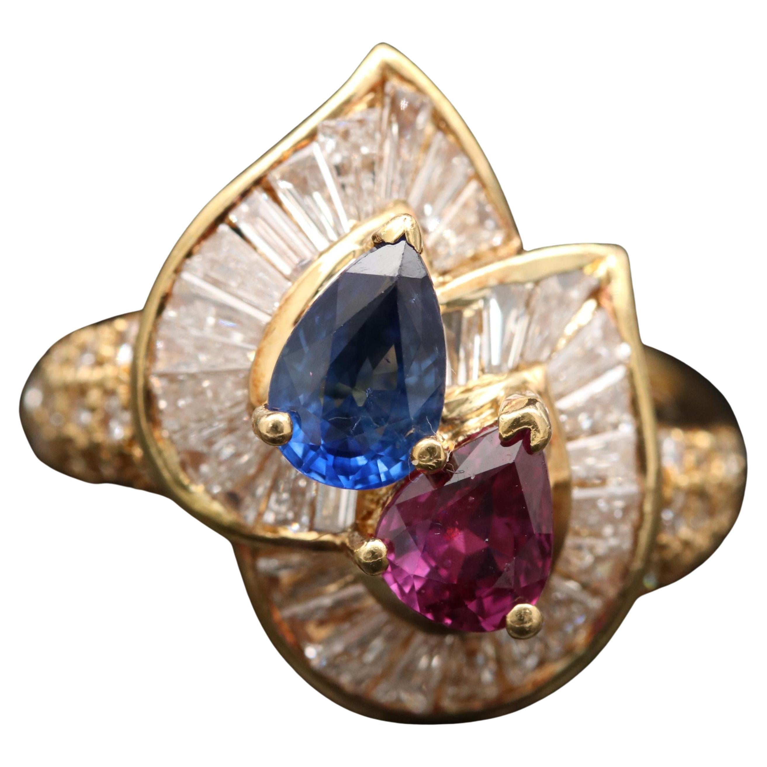 Antique Pear Cut Sapphire Ruby Engagement Ring Yellow Gold Diamond Cocktail Ring
