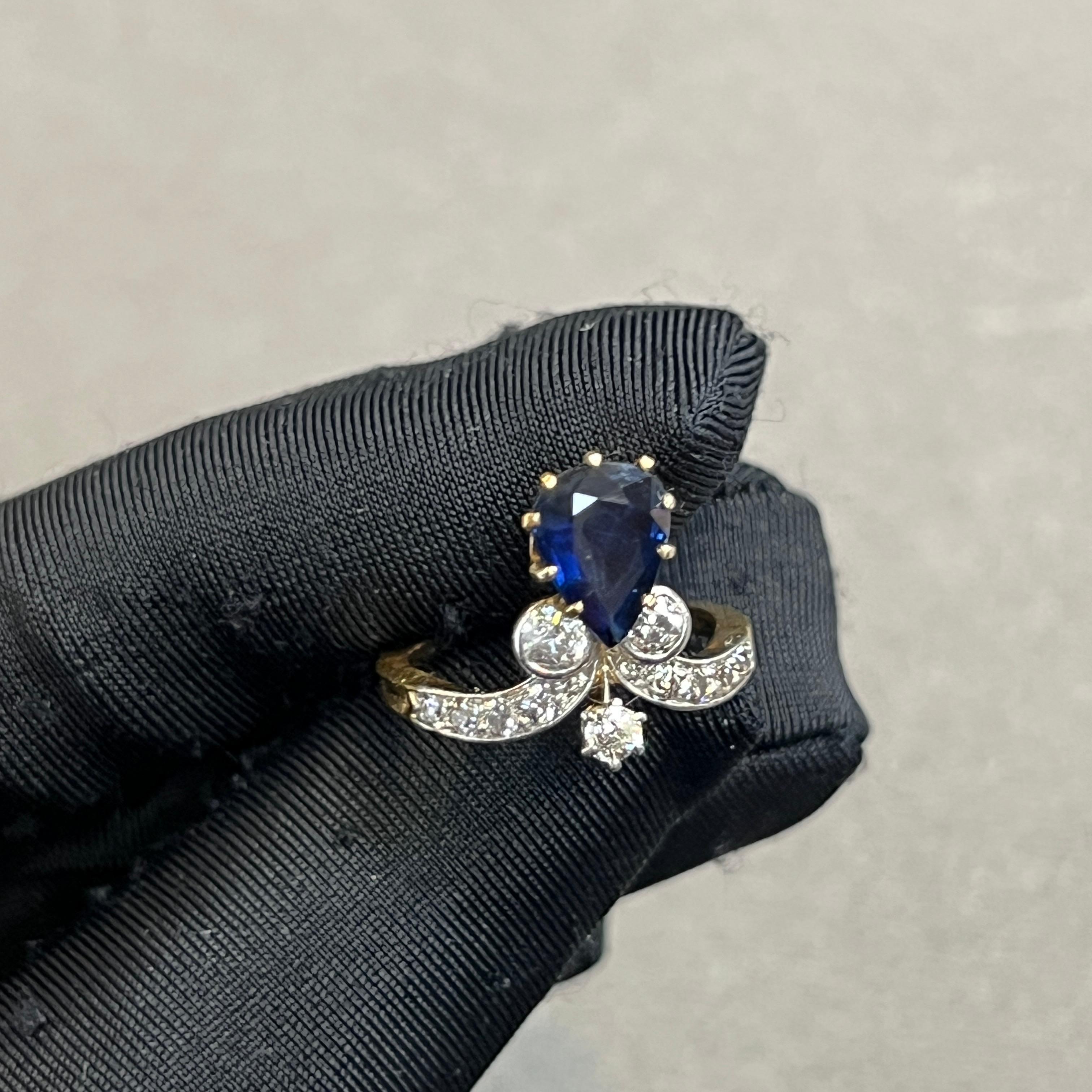 Taille mixte Bague ancienne en forme de poire avec saphir et diamant en vente