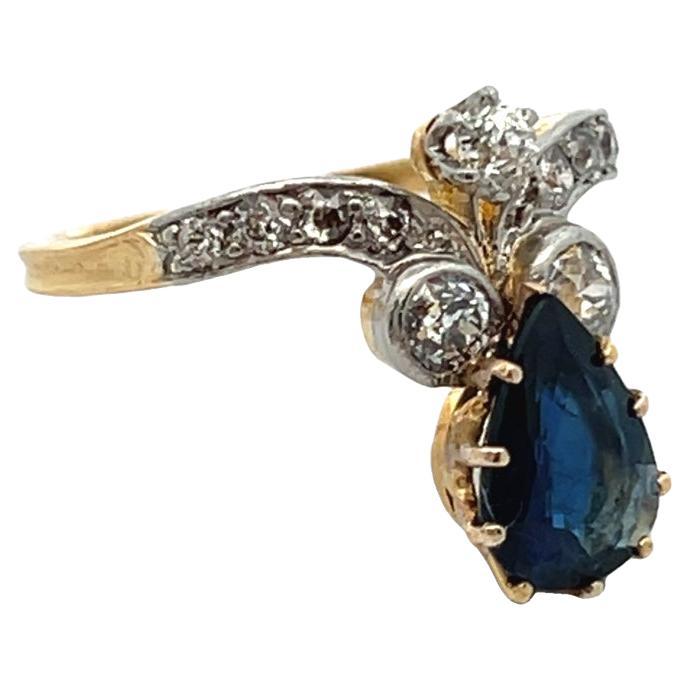 Bague ancienne en forme de poire avec saphir et diamant en vente 3