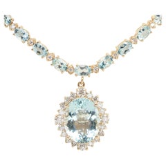 Antique Pear Shaped Aquamarine Diamonds Pendant Necklace