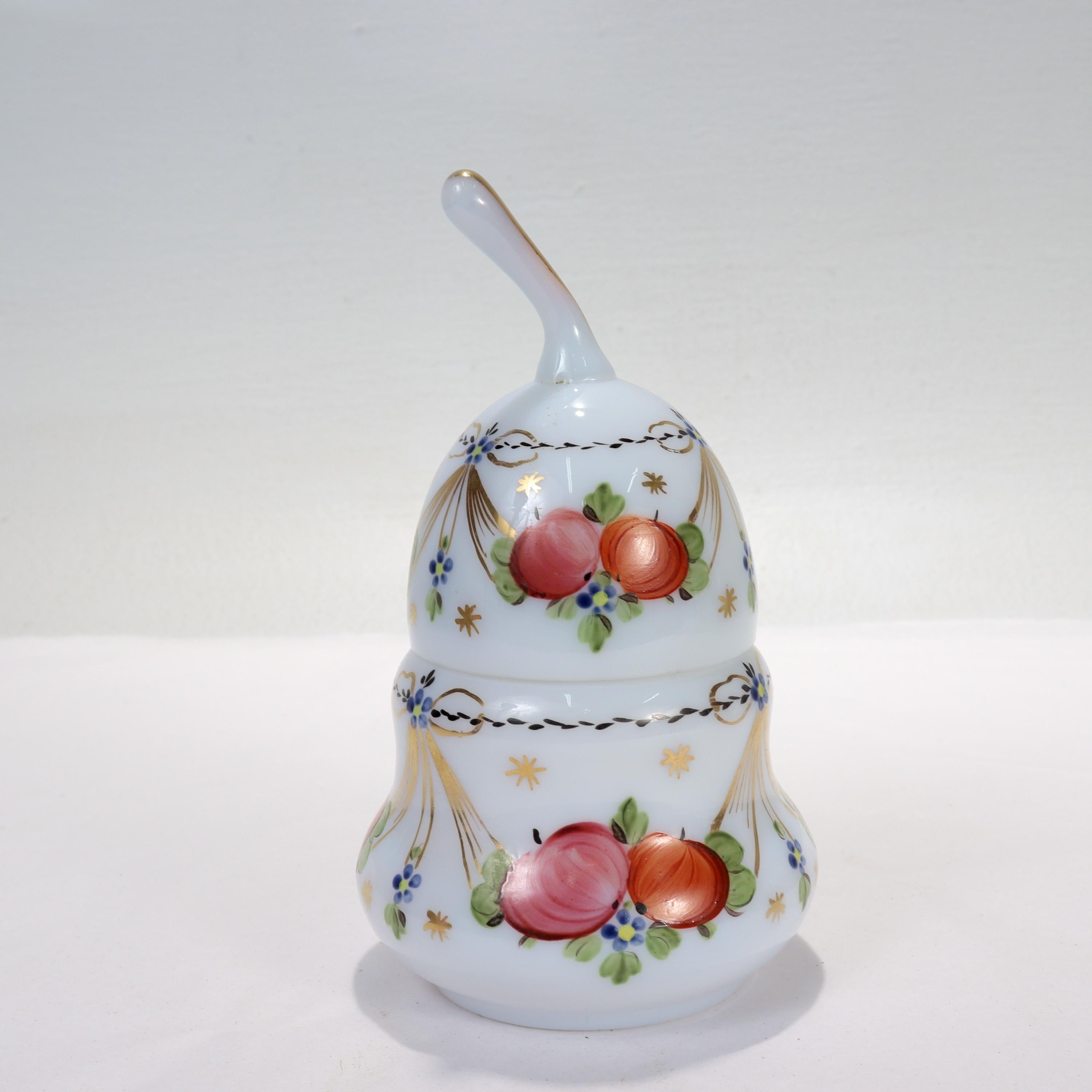 Antique Pear-Shaped Hand Painted Opaline Glass Dresser Box In Good Condition For Sale In Philadelphia, PA