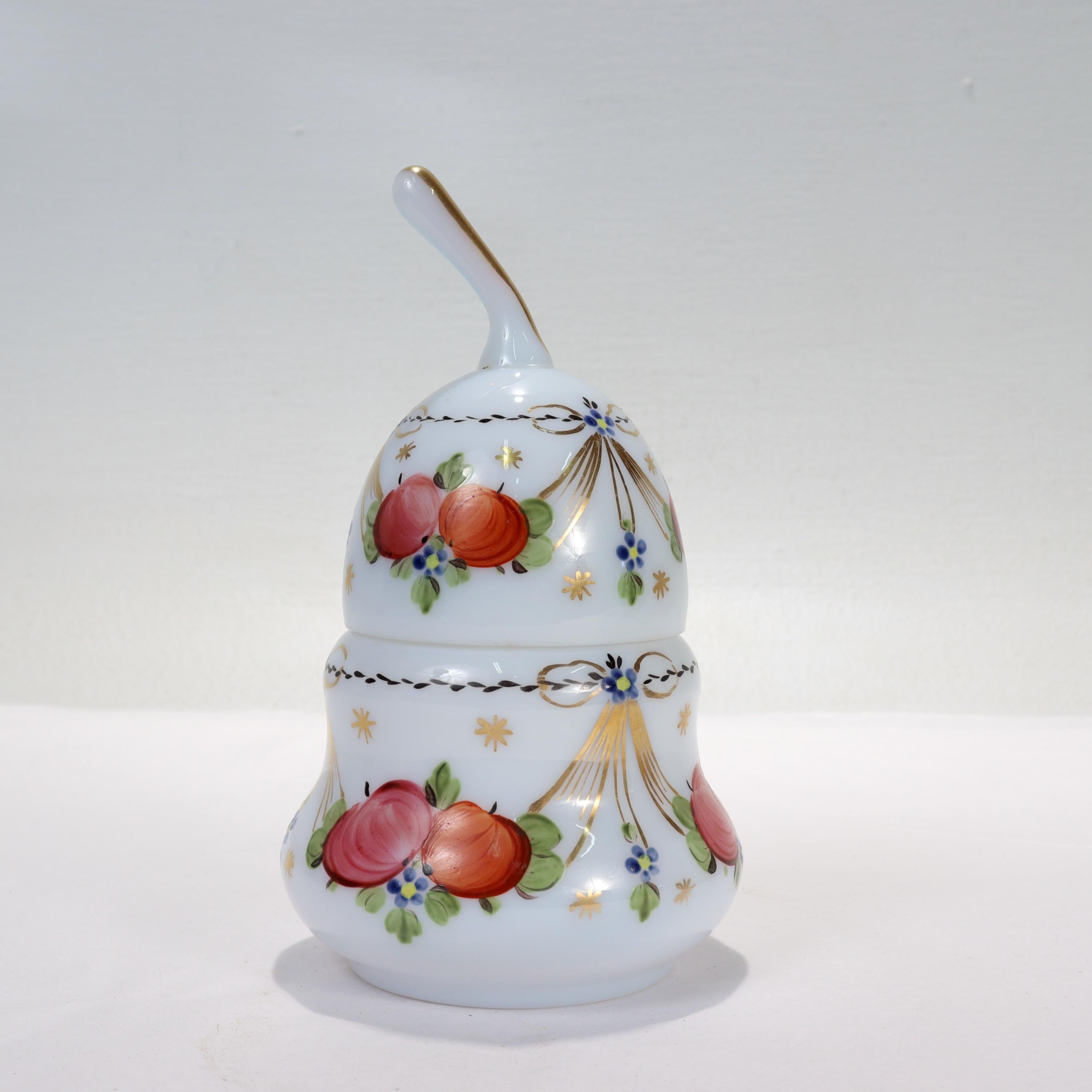 20th Century Antique Pear-Shaped Hand Painted Opaline Glass Dresser Box For Sale