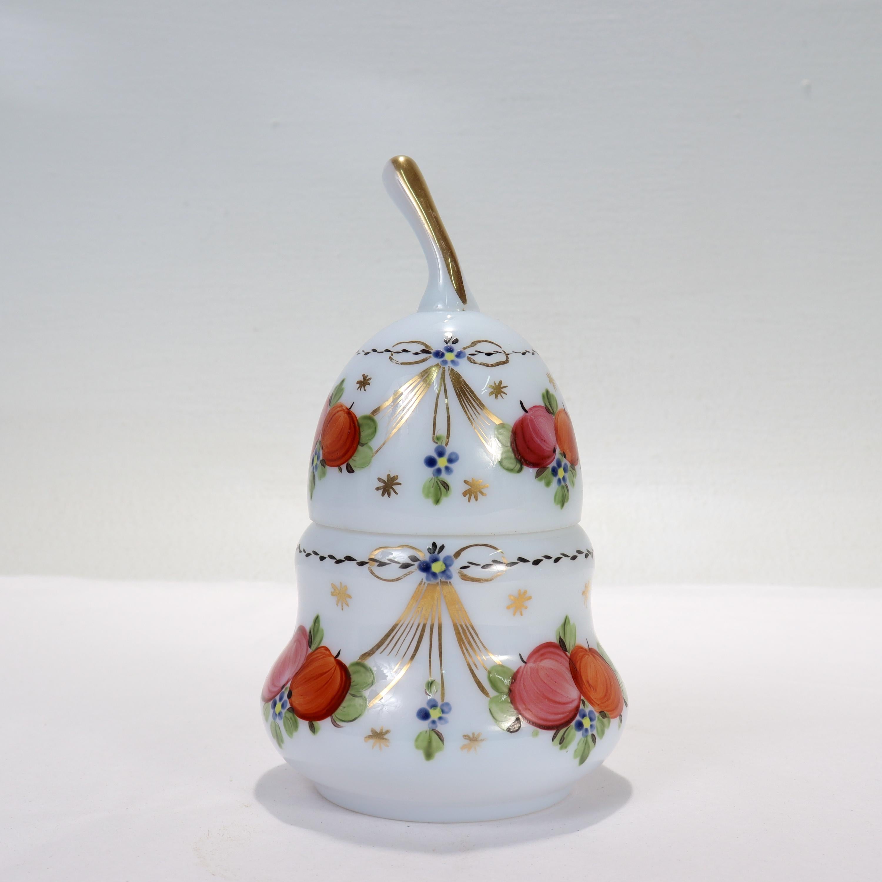 Art Glass Antique Pear-Shaped Hand Painted Opaline Glass Dresser Box For Sale