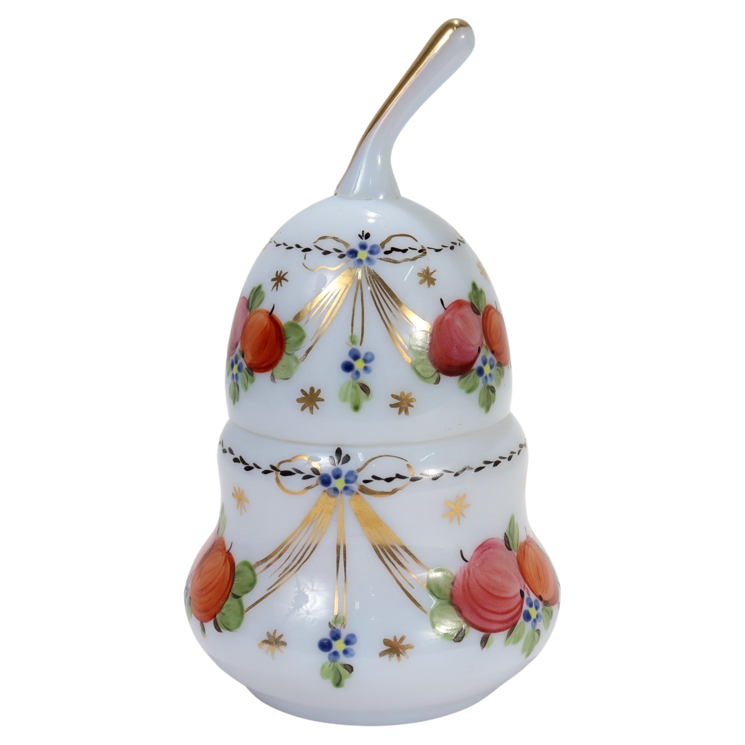 Antique Pear-Shaped Hand Painted Opaline Glass Dresser Box For Sale