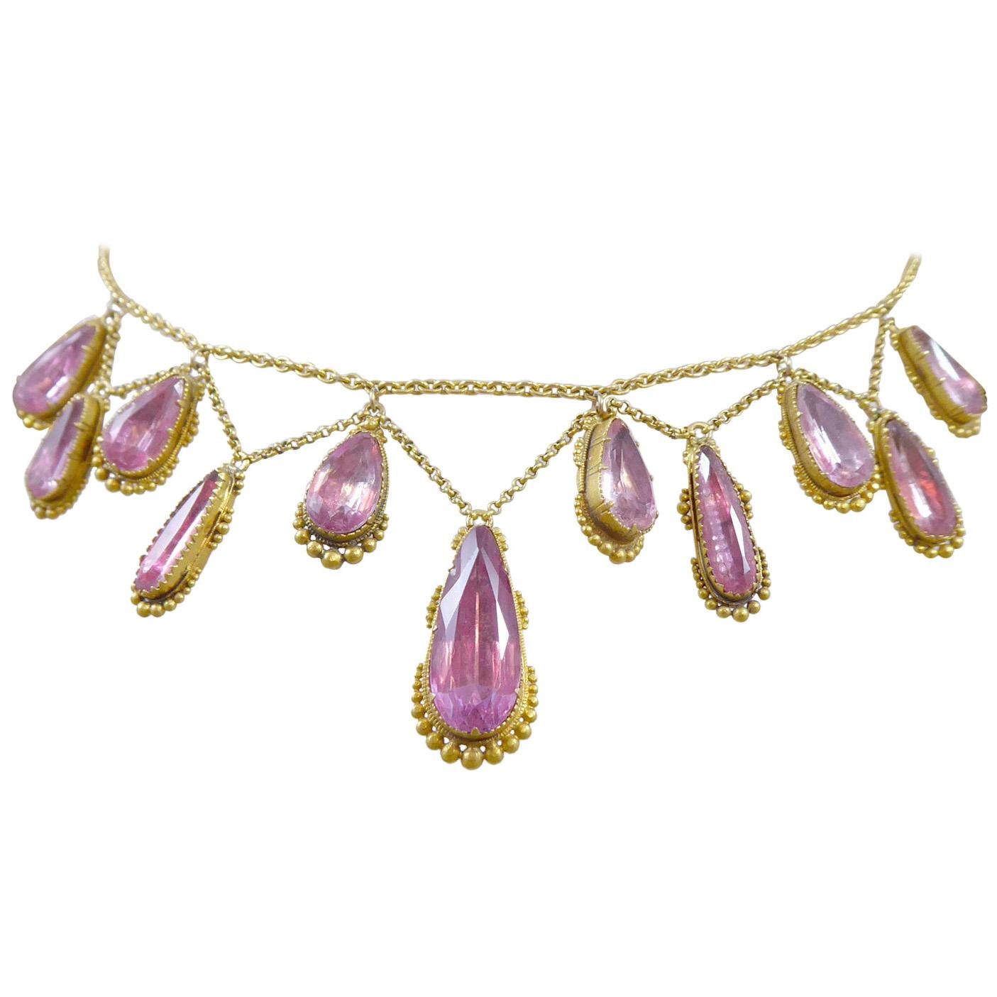 Antique Pear Shaped Pink Topaz Garland Necklace, circa 1850s