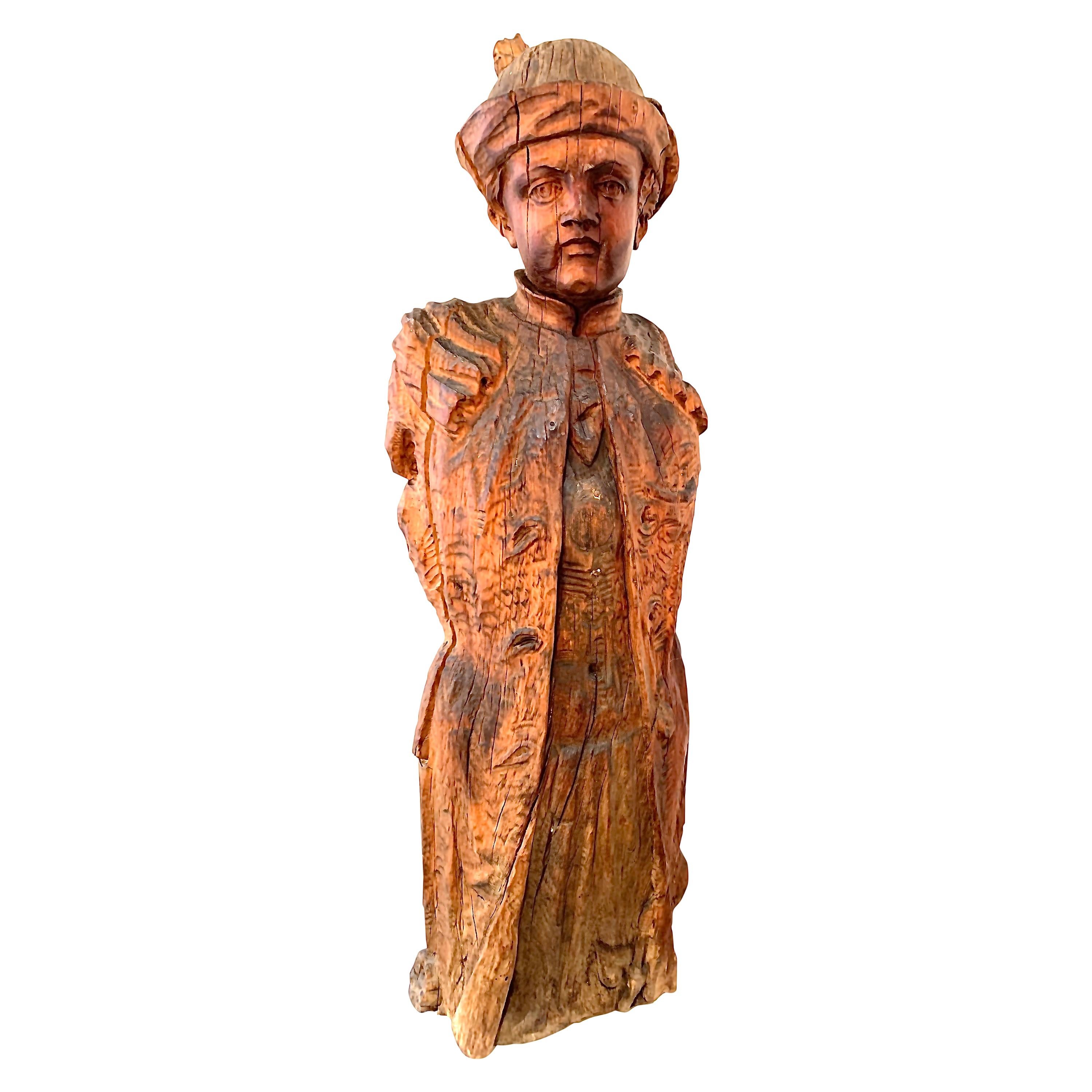 Antique Pear Wood Carving Young Nobleman Hat Waistcoat Veneto Fountain Figure For Sale