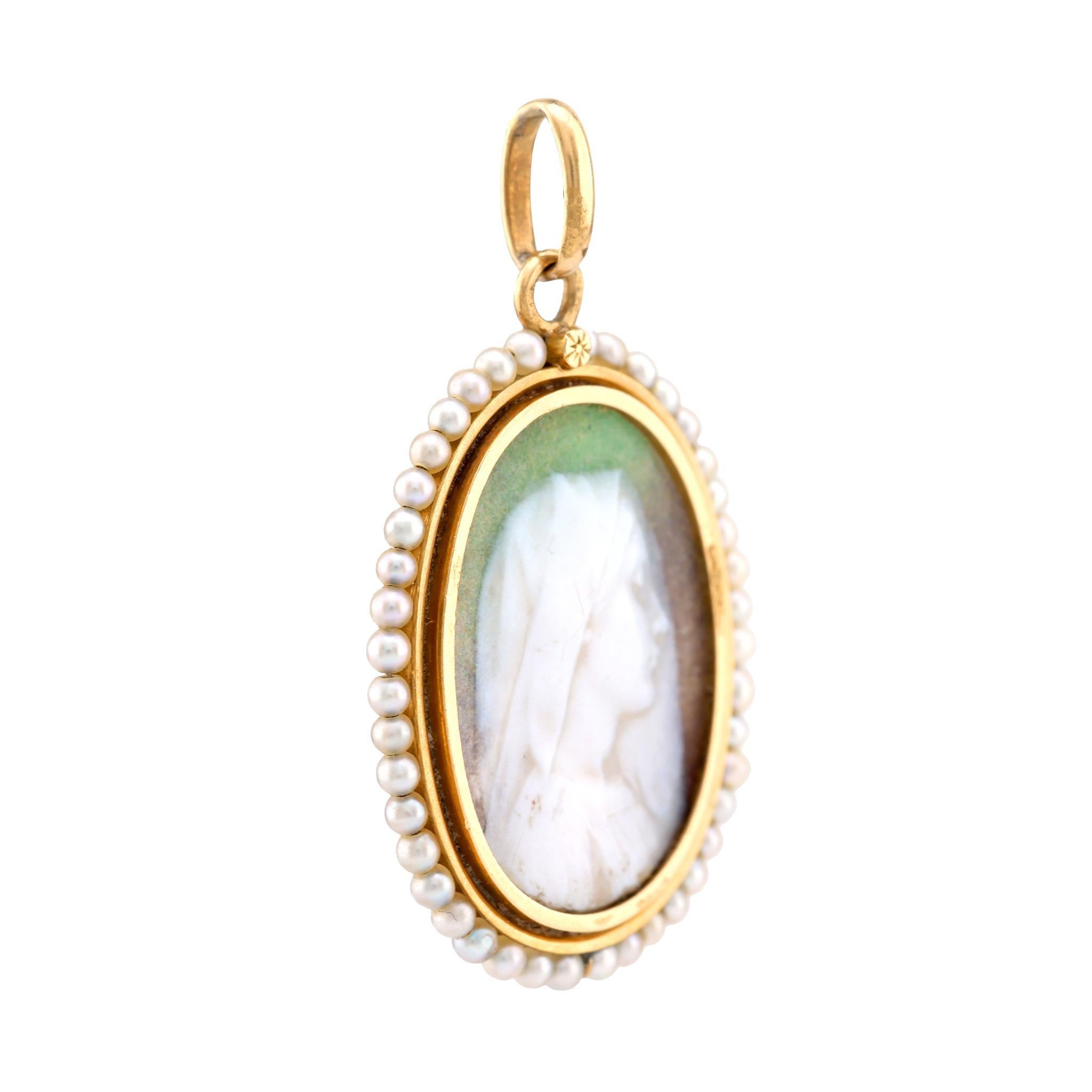 Uncut Antique Pearl 18K Yellow Gold Cameo Pendant For Sale