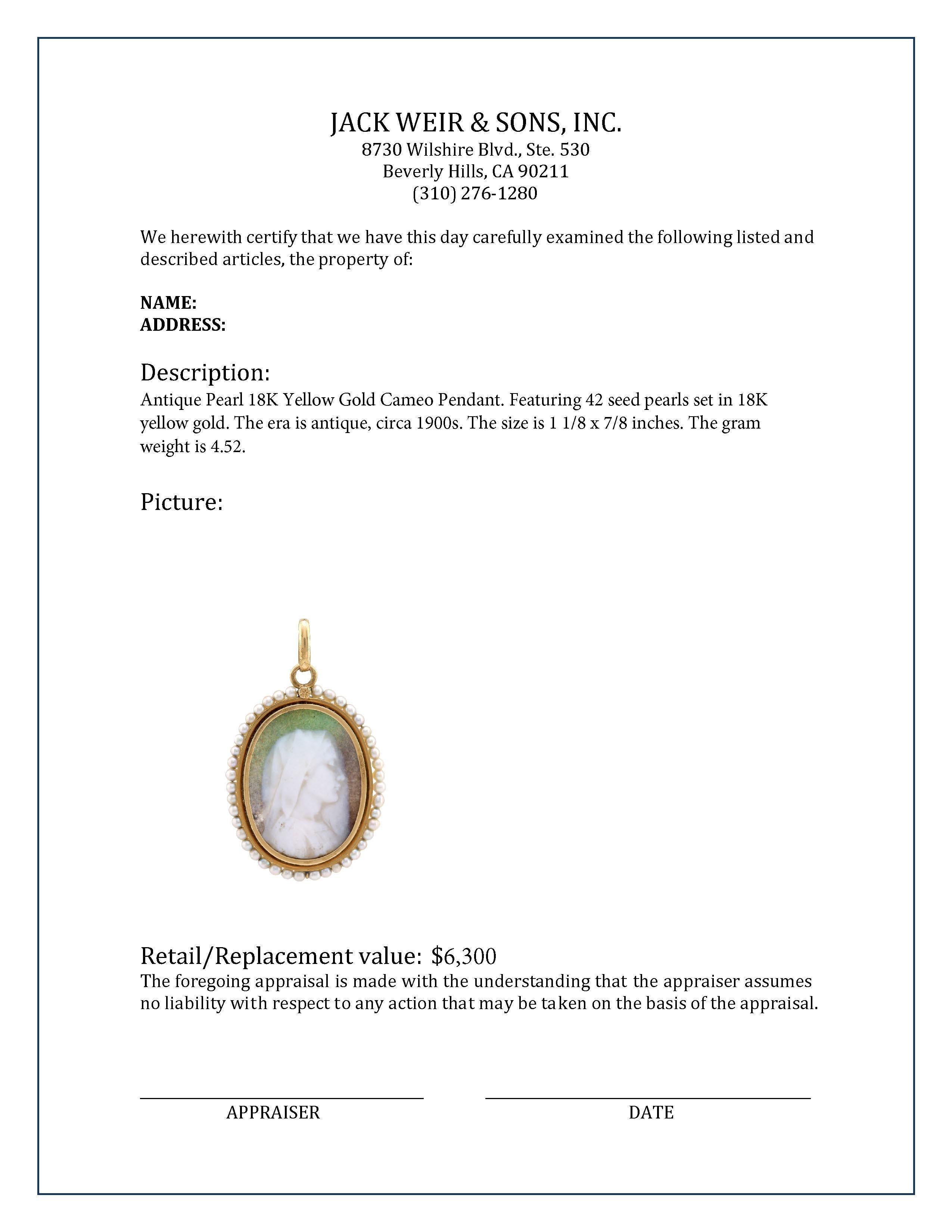 Women's or Men's Antique Pearl 18K Yellow Gold Cameo Pendant For Sale