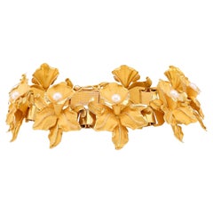 Antikes Perlen 18K Gelbgold Orchideen-Blumenkopf-Armband