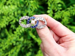 Antique Pearl, 2.02Ct Sapphire and 4.95Ct Diamond, 18k Yellow Gold Brooch