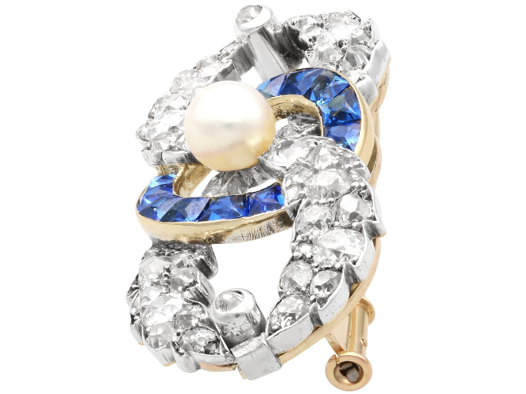 Square Cut Antique Pearl, 2.02Ct Sapphire and 4.95Ct Diamond, 18k Yellow Gold Brooch For Sale