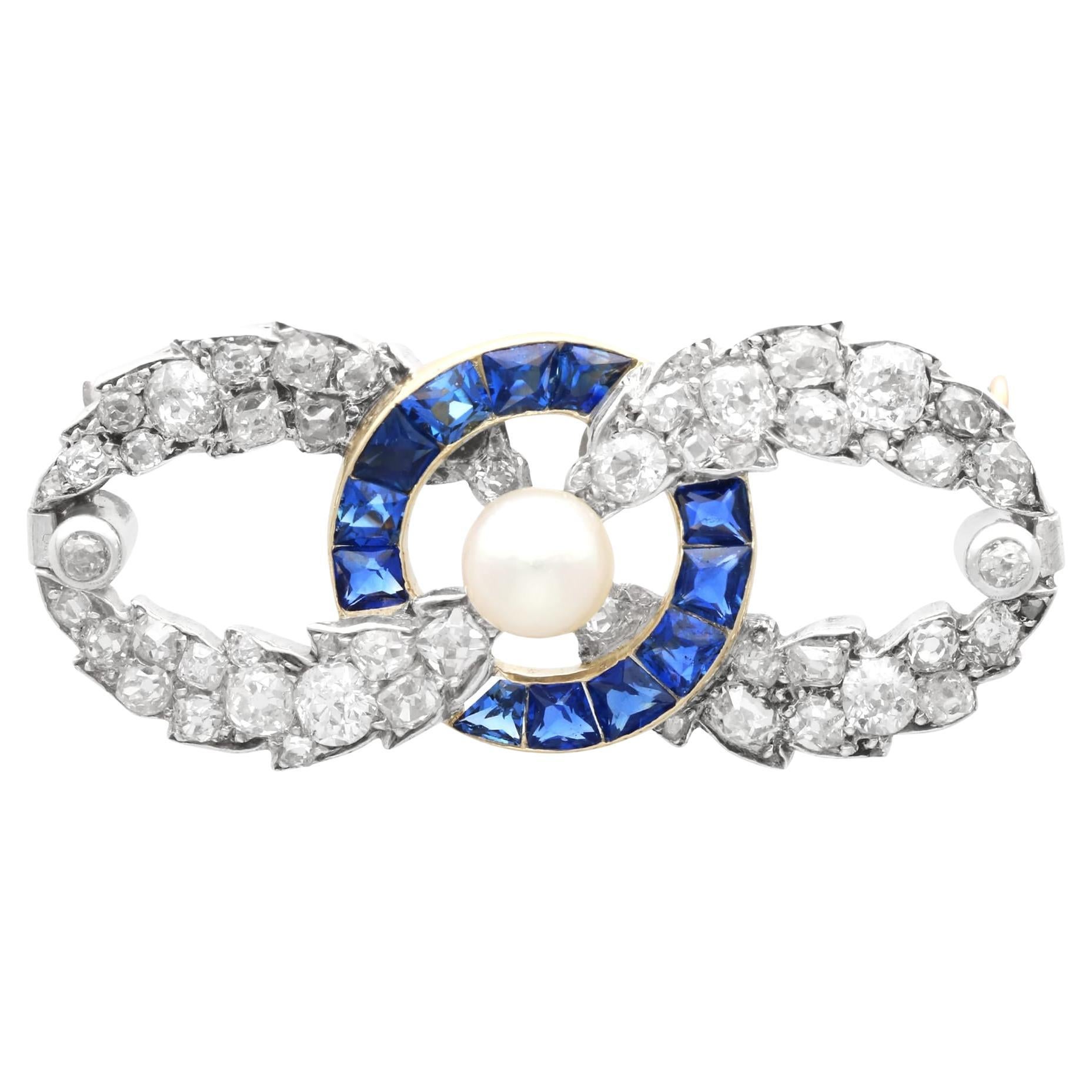 Antique Pearl, 2.02Ct Sapphire and 4.95Ct Diamond, 18k Yellow Gold Brooch For Sale