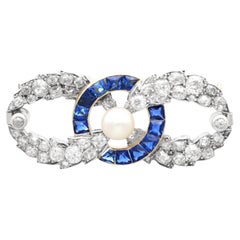 Antique Pearl, 2.02Ct Sapphire and 4.95Ct Diamond, 18k Yellow Gold Brooch