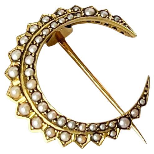 Antique Pearl 9 Carat Gold Crescent Brooch For Sale
