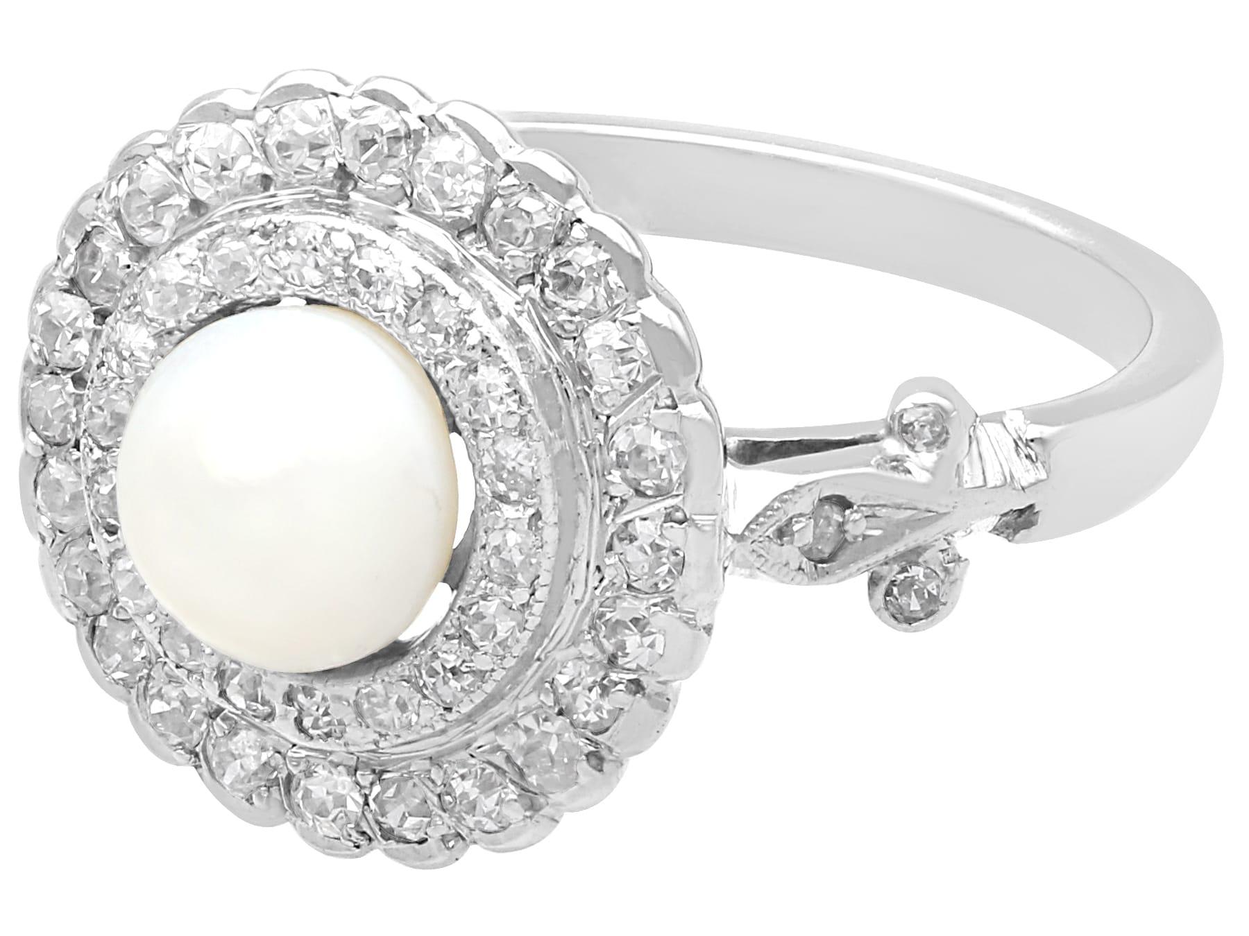 Single Cut Antique Pearl and 0.76 Carat Diamond 18k White Gold Target Ring For Sale
