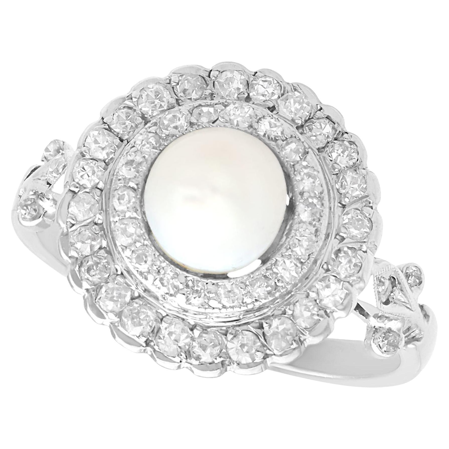 Antique Pearl and 0.76 Carat Diamond 18k White Gold Target Ring For Sale