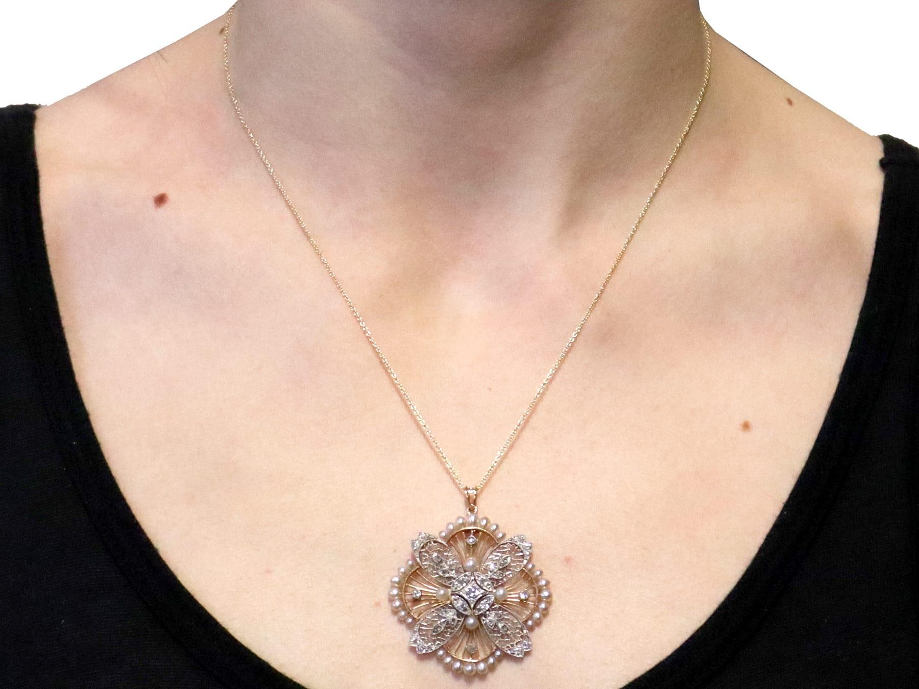 Ciondolo e spilla in oro rosa 9k con perle antiche e diamanti da 0,77 carati, CIRCA 1910 in vendita 9
