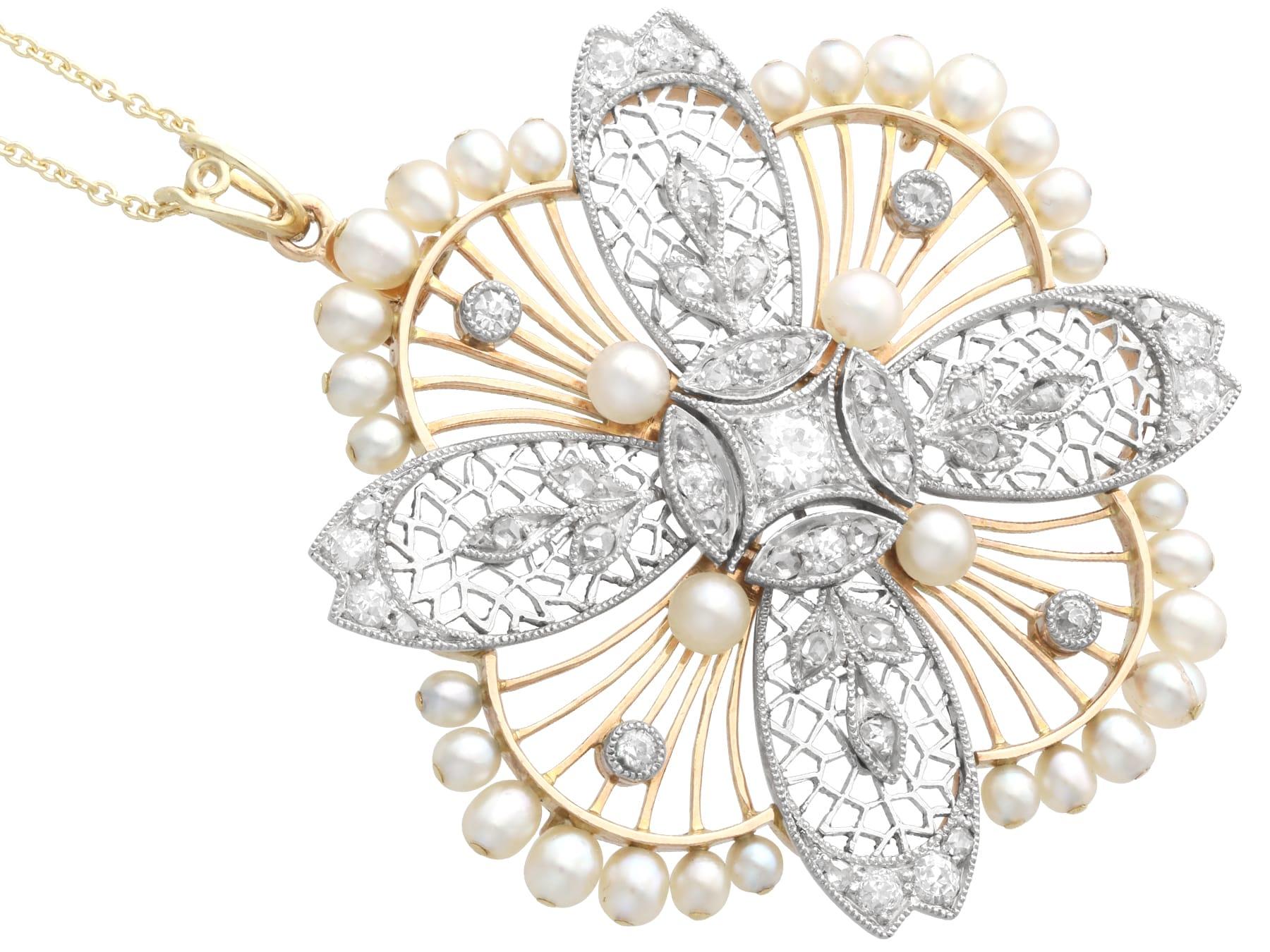 Ciondolo e spilla in oro rosa 9k con perle antiche e diamanti da 0,77 carati, CIRCA 1910 in vendita 1