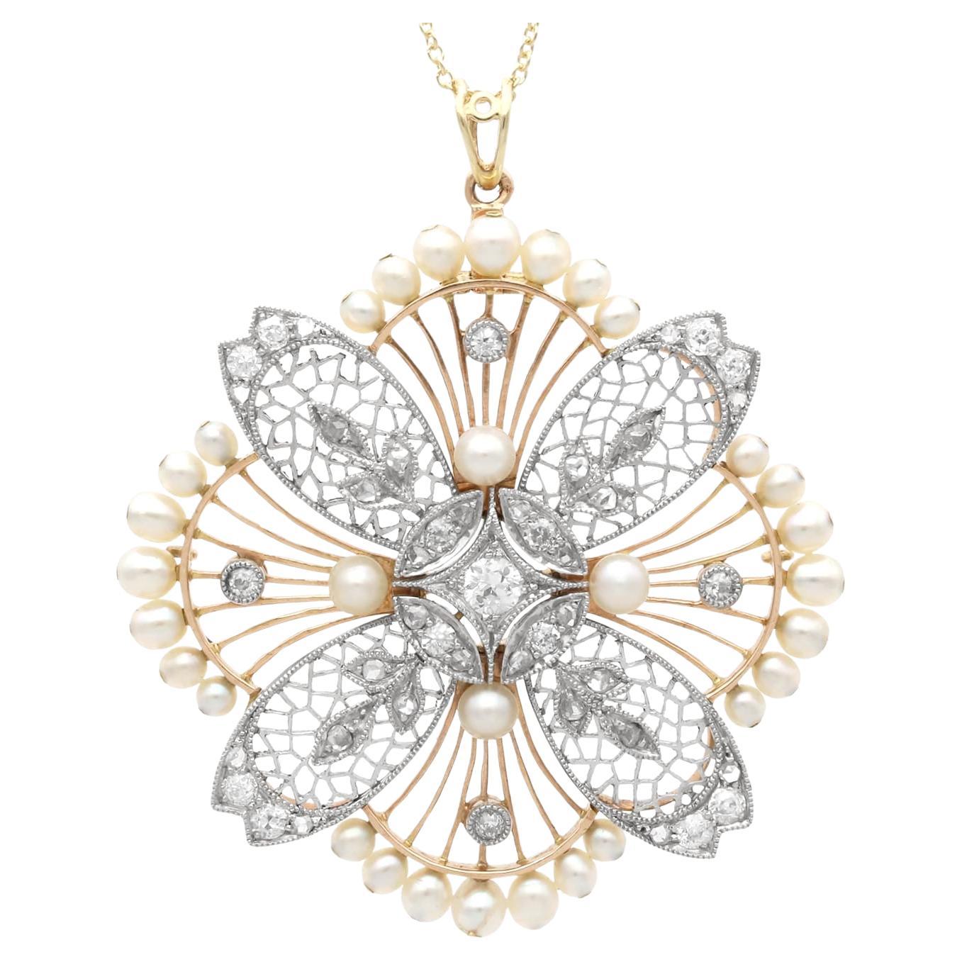 Antique Pearl and 0.77 Carat Diamond, 9k Rose Gold Pendant / Brooch Circa 1910
