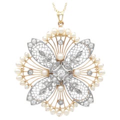 Ciondolo e spilla in oro rosa 9k con perle antiche e diamanti da 0,77 carati, CIRCA 1910