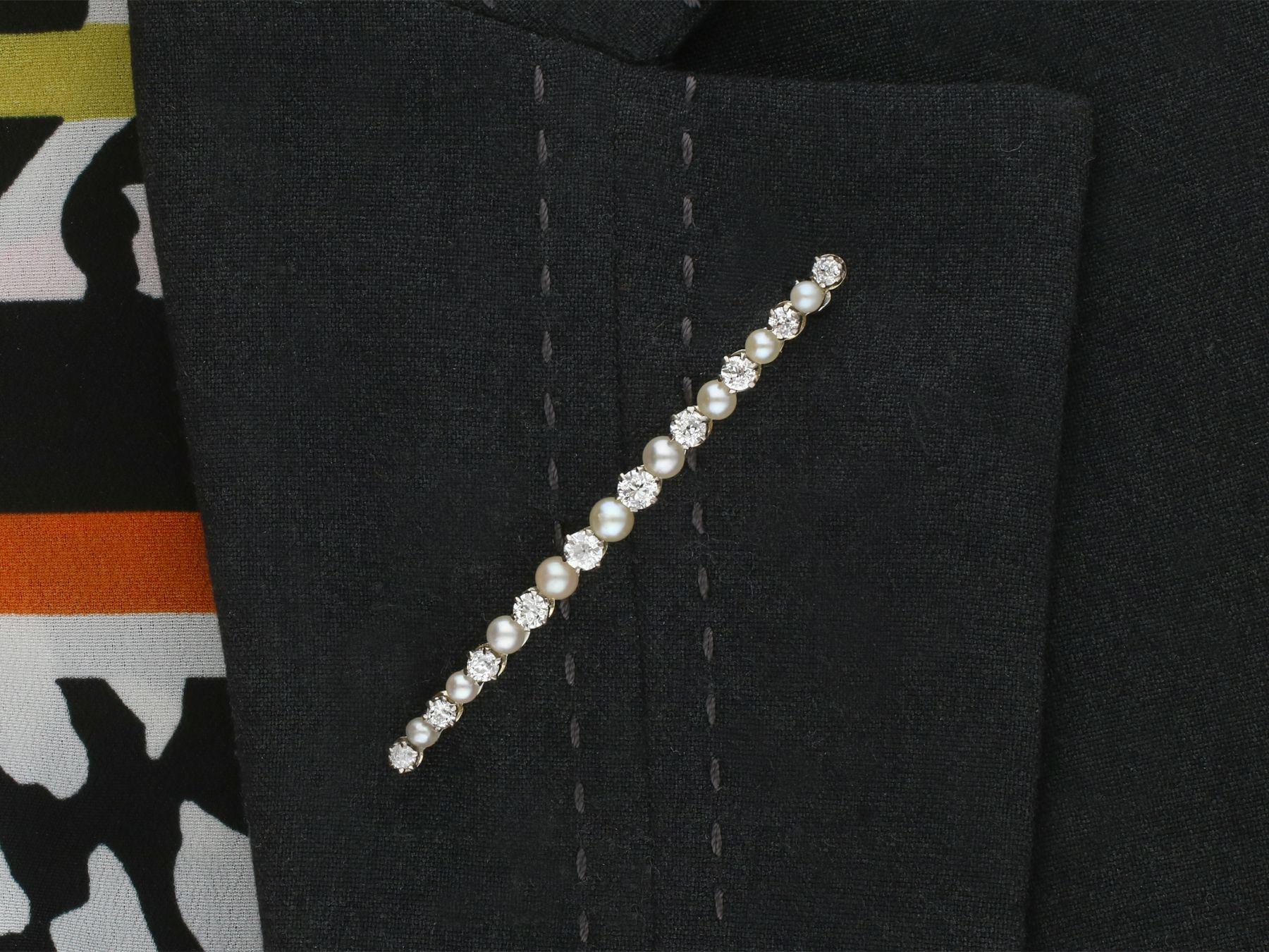 Antique Pearl and 1.01 Carat Diamond 15k White Gold Bar Brooch For Sale 1