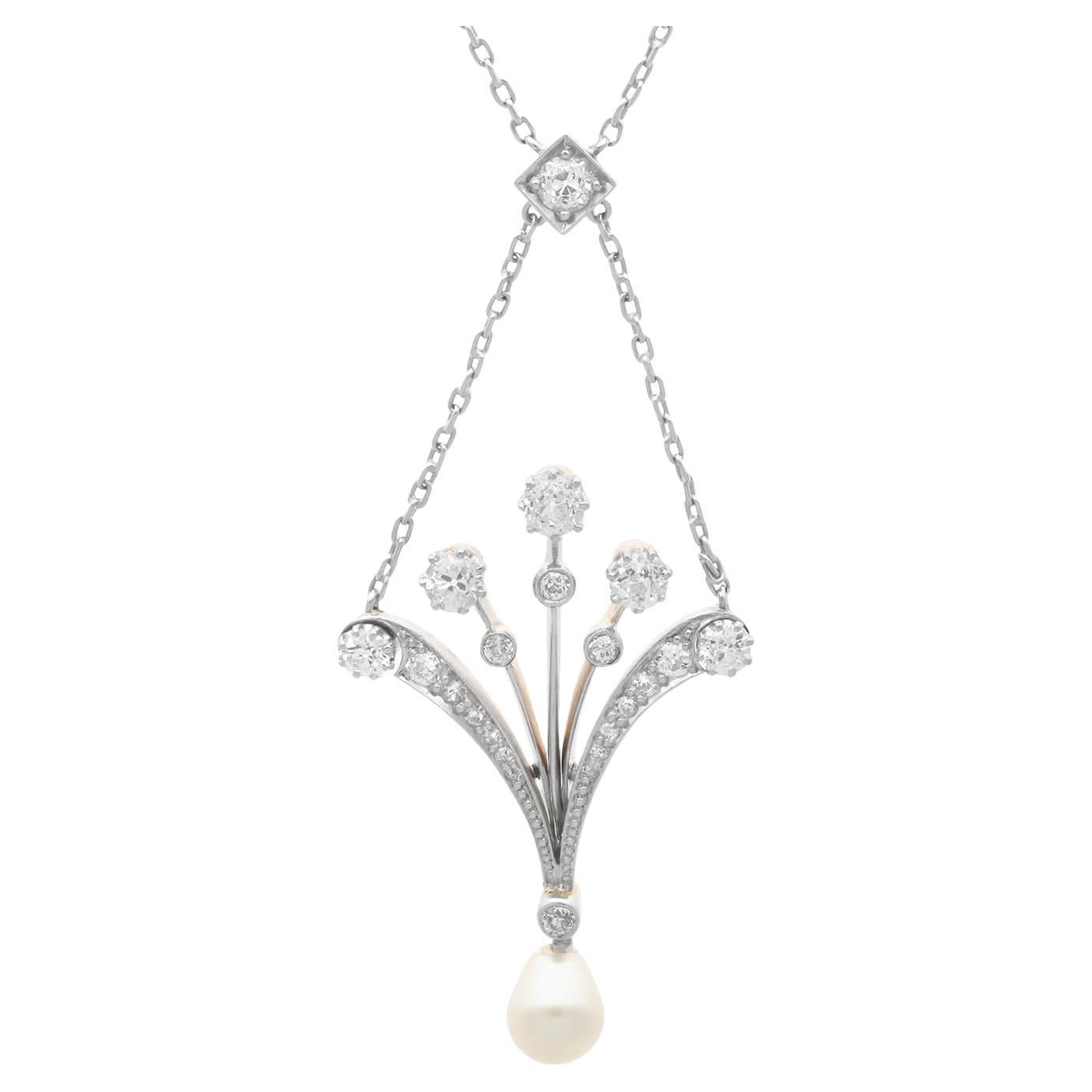 Ciondolo in oro rosa 14k con perla antica e diamante da 1,18 carati, CIRCA 1930