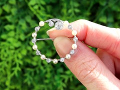 Antique Pearl and 1.18Ct Diamond and 15k White Gold Brooch Circa 1910