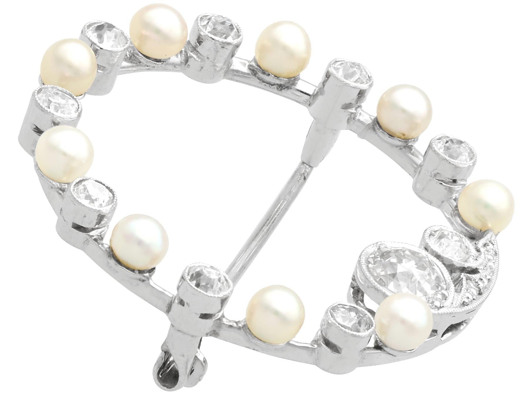 Old European Cut Antique Pearl and 1.18Ct Diamond and 15k White Gold Brooch Circa 1910 For Sale