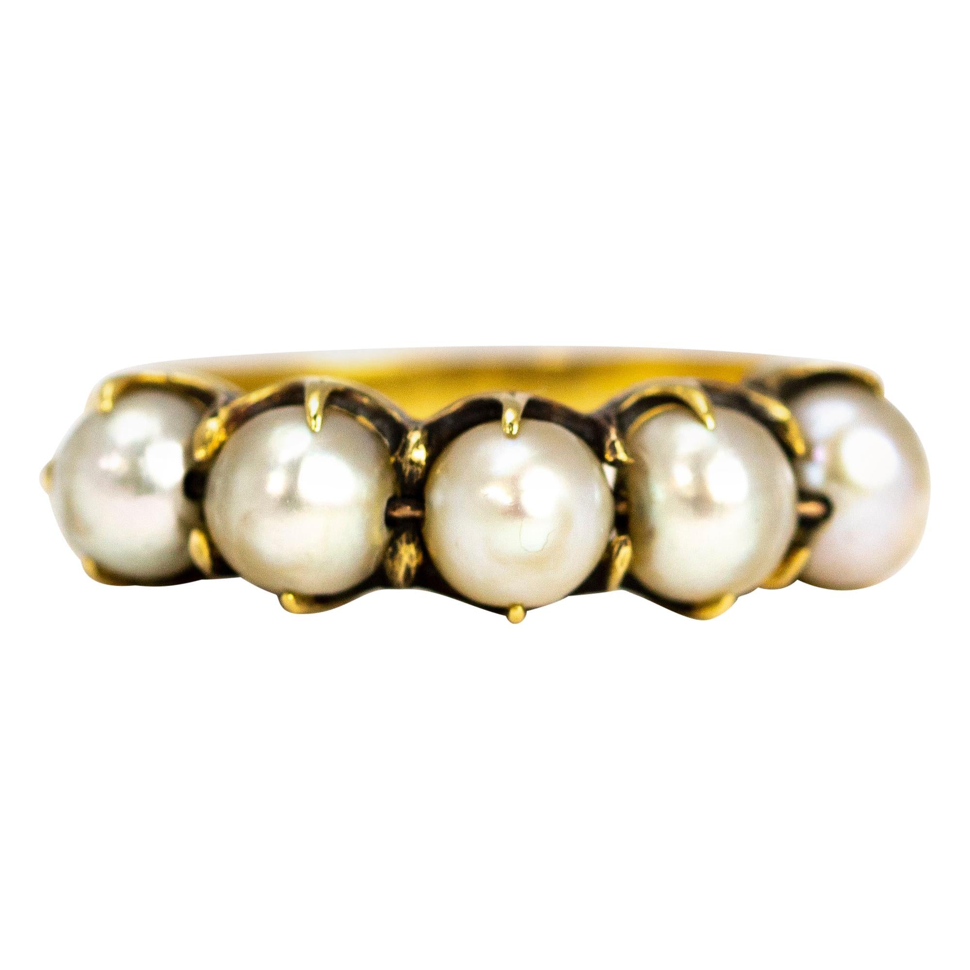 Antique Pearl and 18 Carat Gold Five-Stone Ring