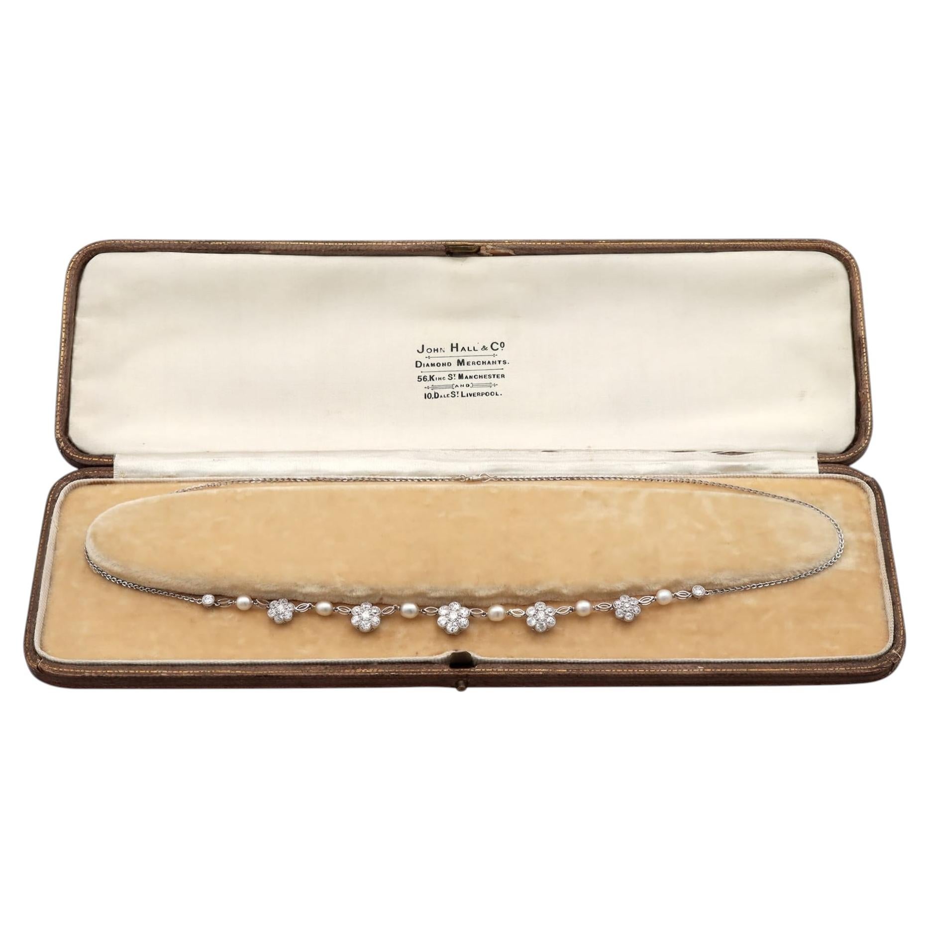 Antique Pearl and 2.10 Carat Diamond Platinum Necklace Circa 1910 For ...