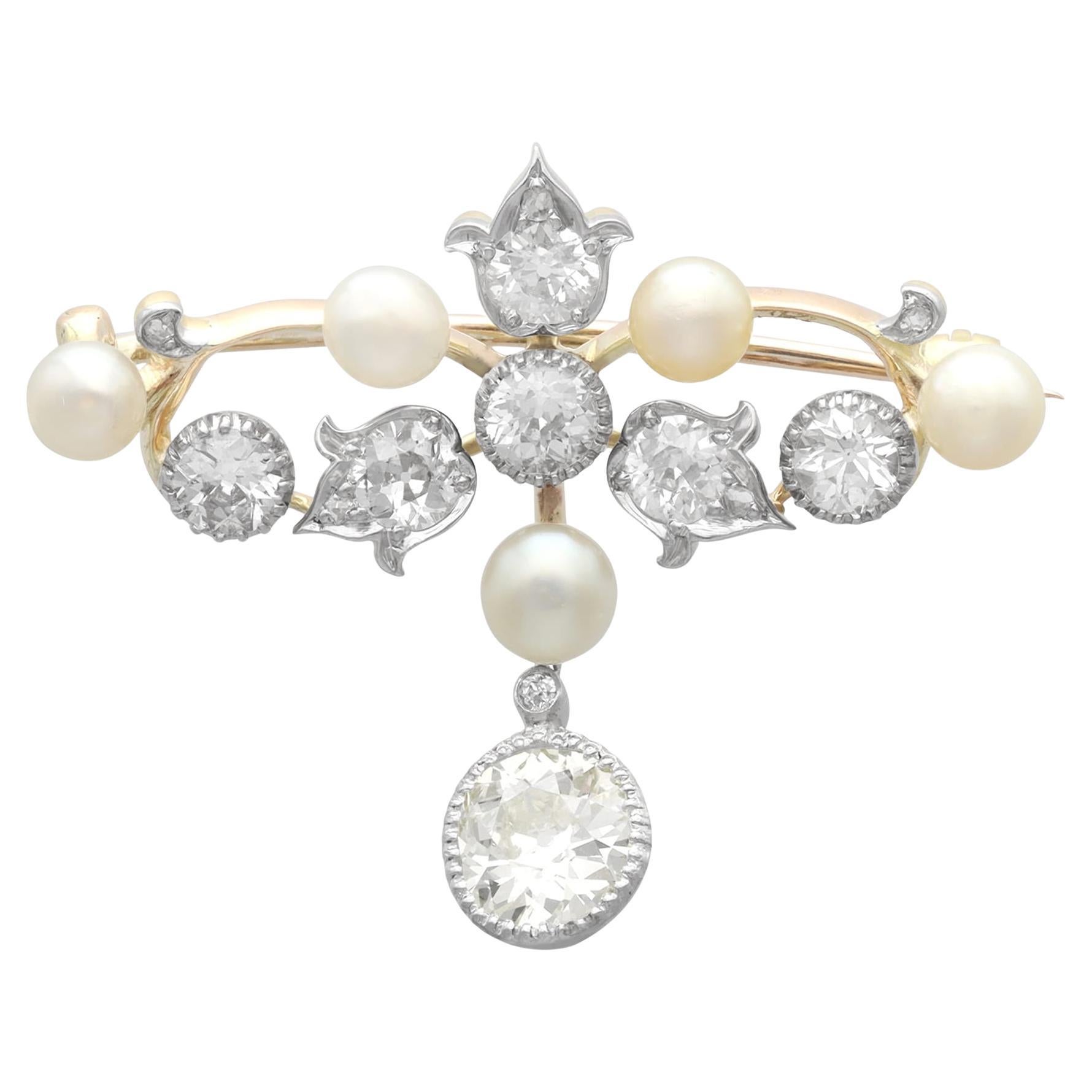 Antique Pearl and 3.54 Carat Diamond 9k Yellow Gold Brooch Circa 1910
