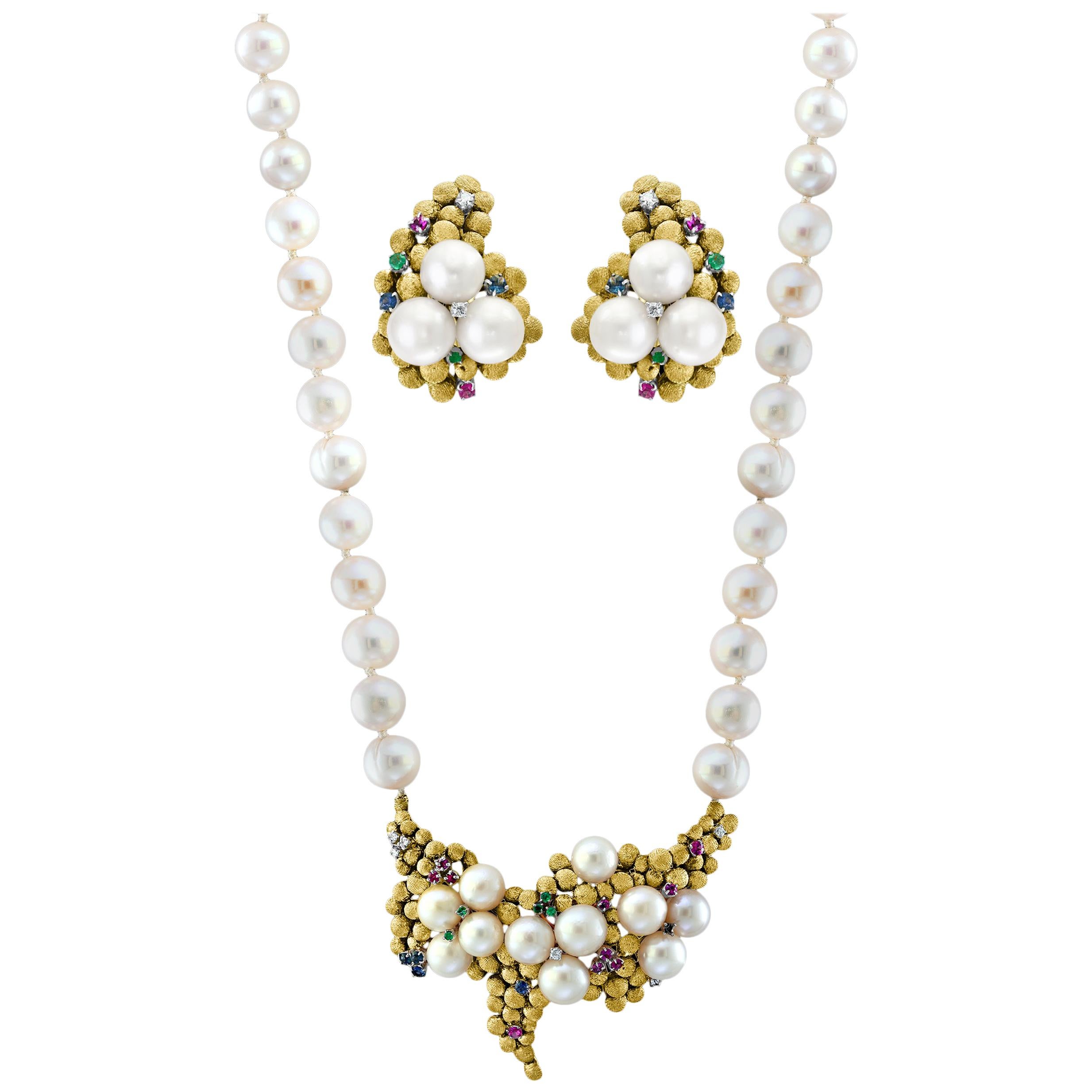 Antike Perlen- und gebürstete Goldhalskette und Ohrring-Suite, Braut 18 Karat Gold