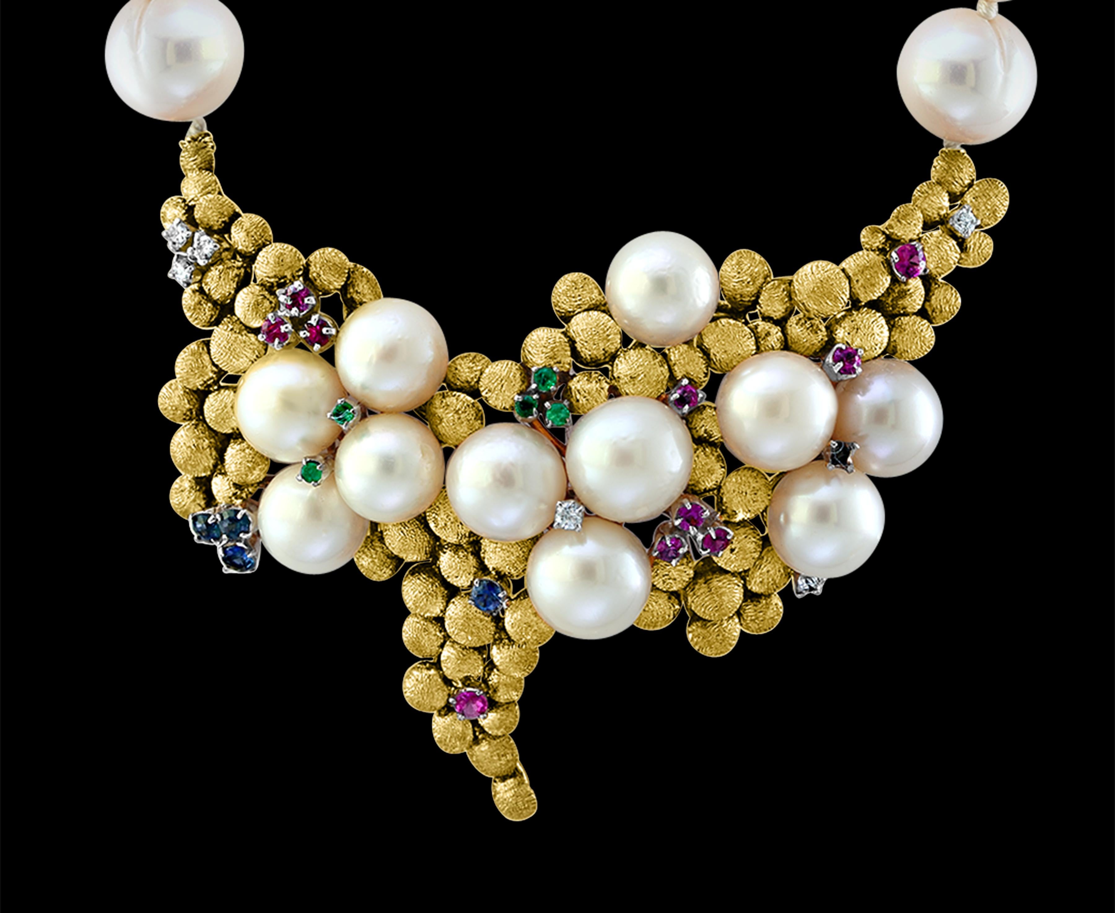 Antique Pearl and Brushed Gold Necklace and Earring Suite, Bridal 18 Karat Gold For Sale 1