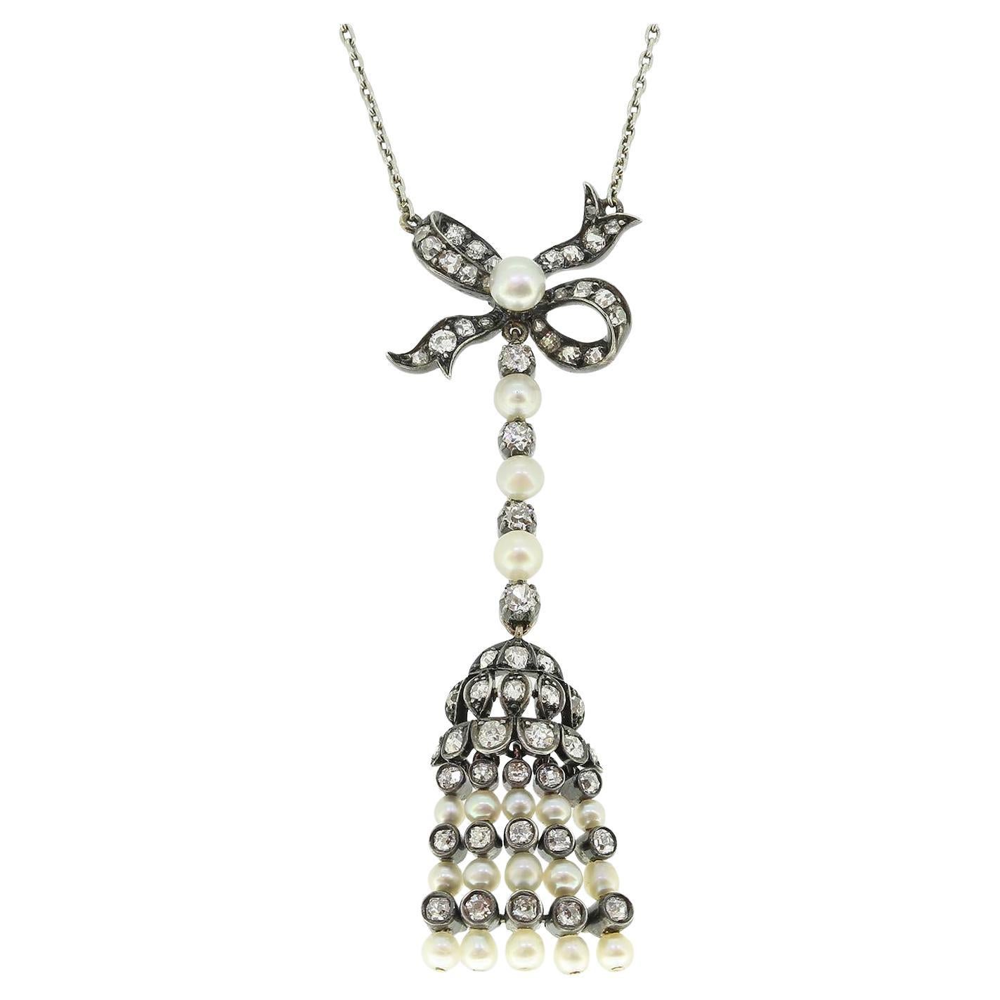 Antique Pearl and Diamond Drop Pendant Necklace