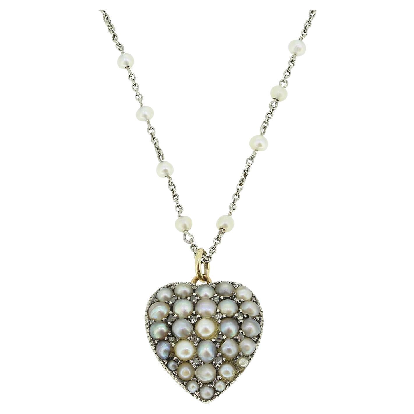 Antique Pearl and Diamond Heart Locket Necklace