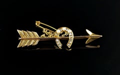 Antique Pearl and Diamond Horseshoe and Arrow Brooch, 15k Yellow Gold