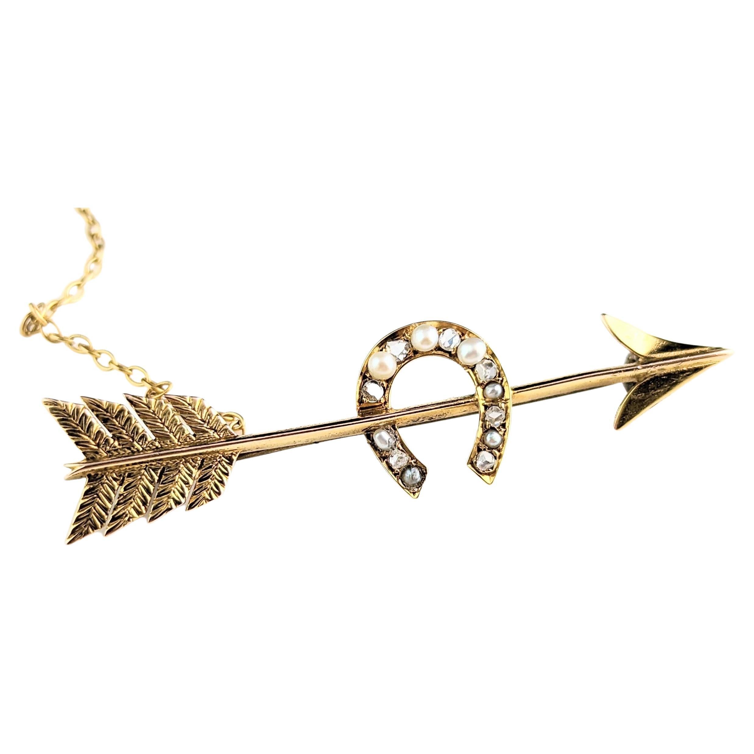 Antique Pearl and Diamond Horseshoe and Arrow Brooch, 15k Yellow Gold