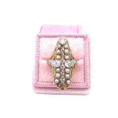 Antique Pearl and Diamond Navette Shield Ring 14K Yellow Gold Ring