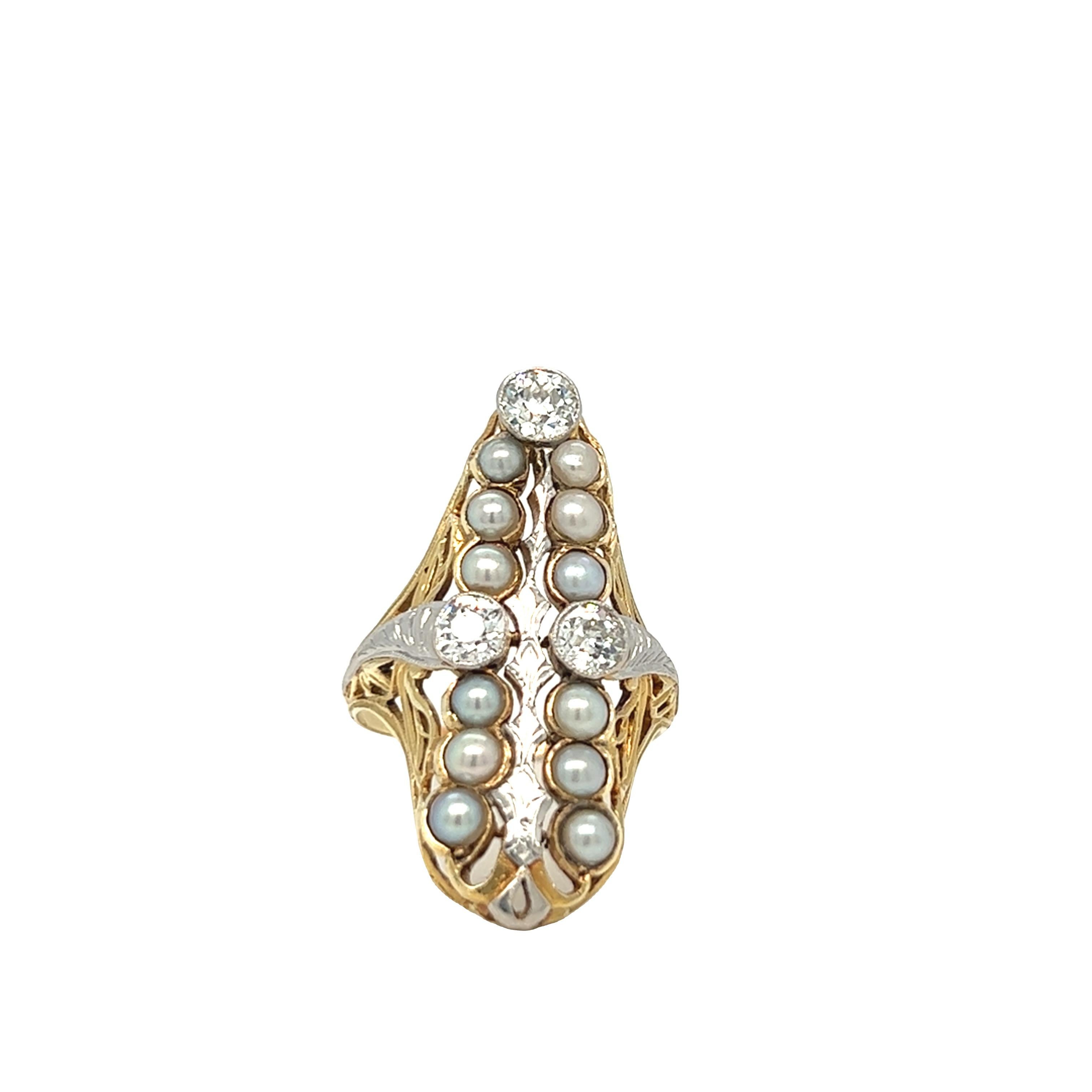 Old Mine Cut Antique Pearl and Diamond Navette Shield Ring 14K Yellow Gold Ring For Sale