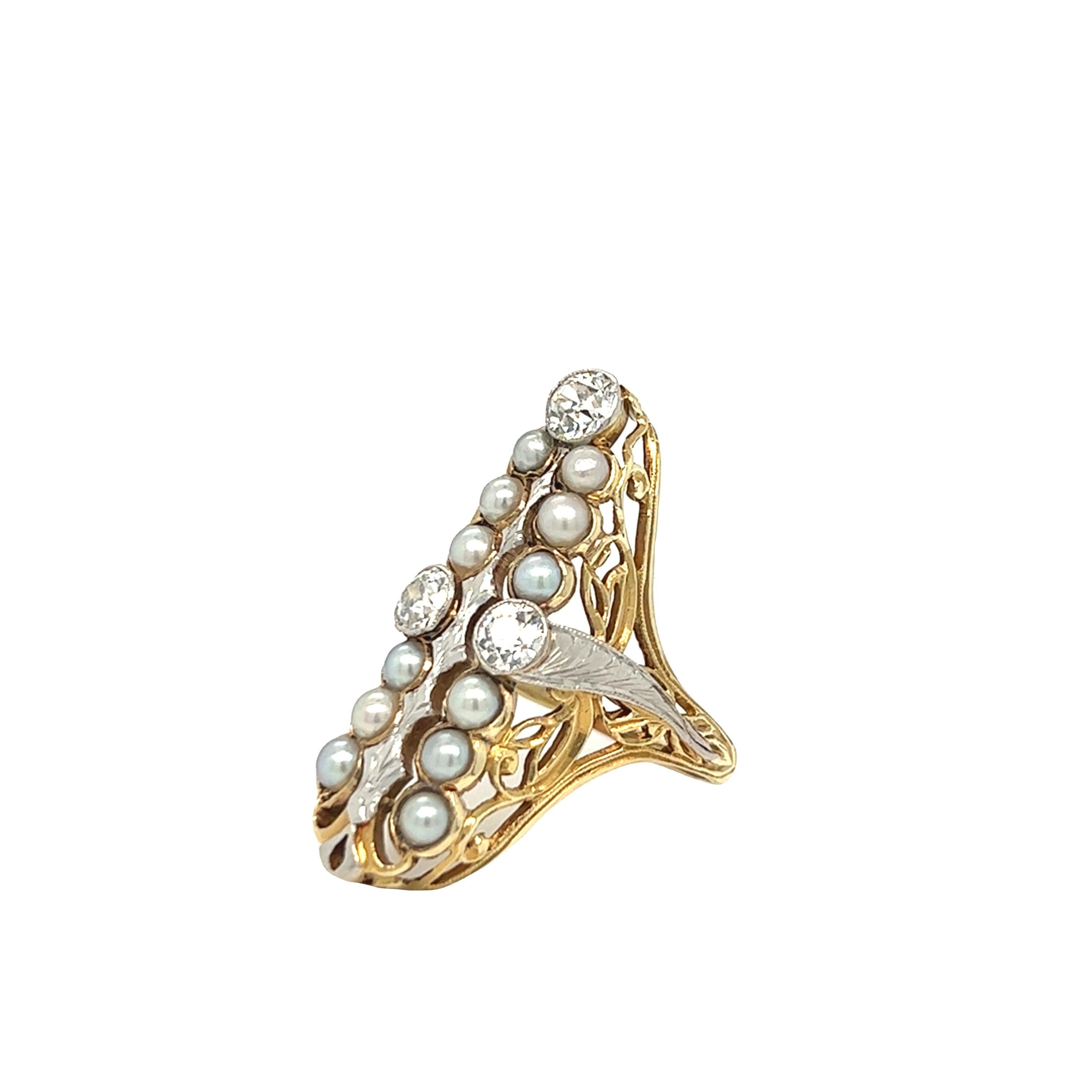 Antique Pearl and Diamond Navette Shield Ring 14K Yellow Gold Ring In Good Condition For Sale In beverly hills, CA