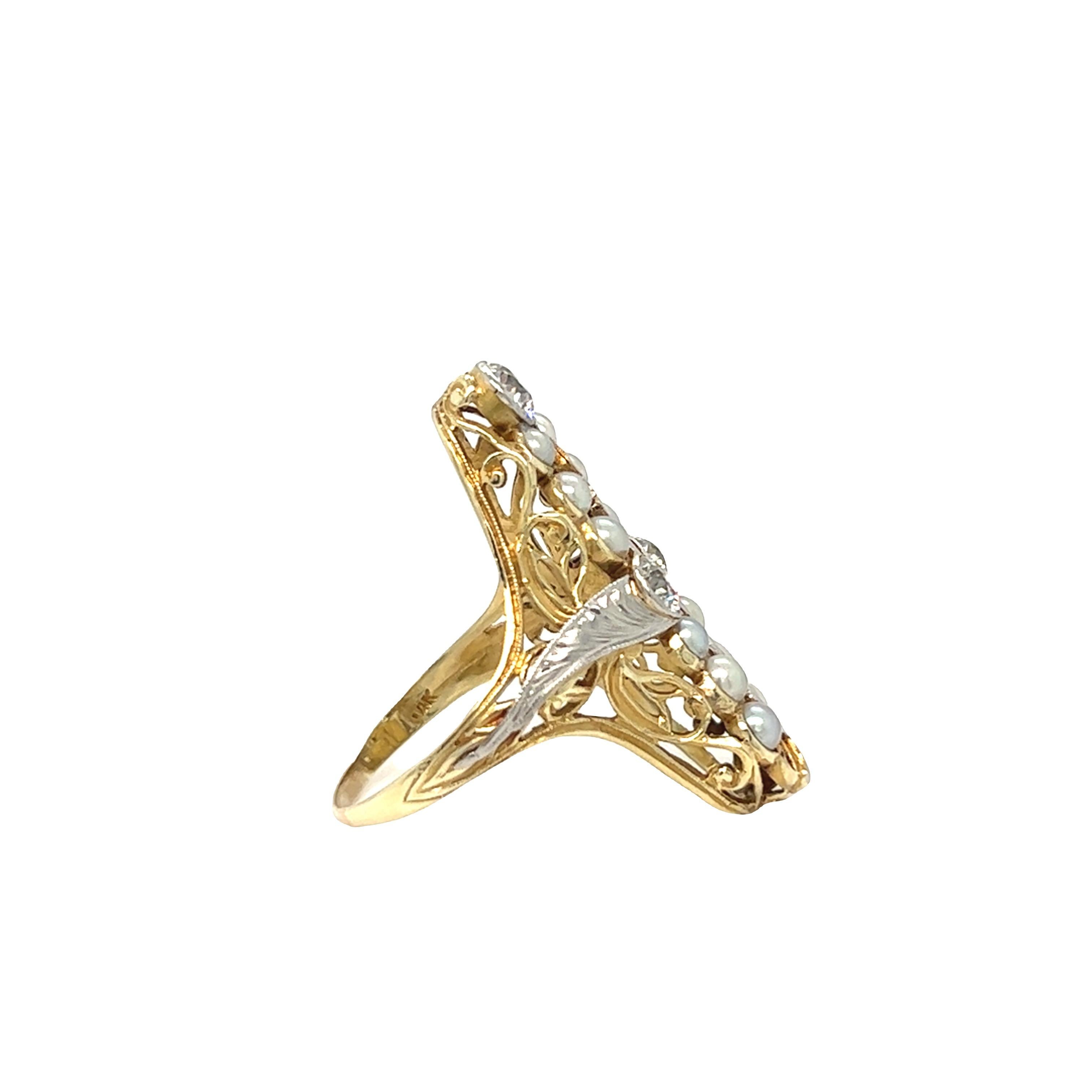 Antique Pearl and Diamond Navette Shield Ring 14K Yellow Gold Ring For Sale 2