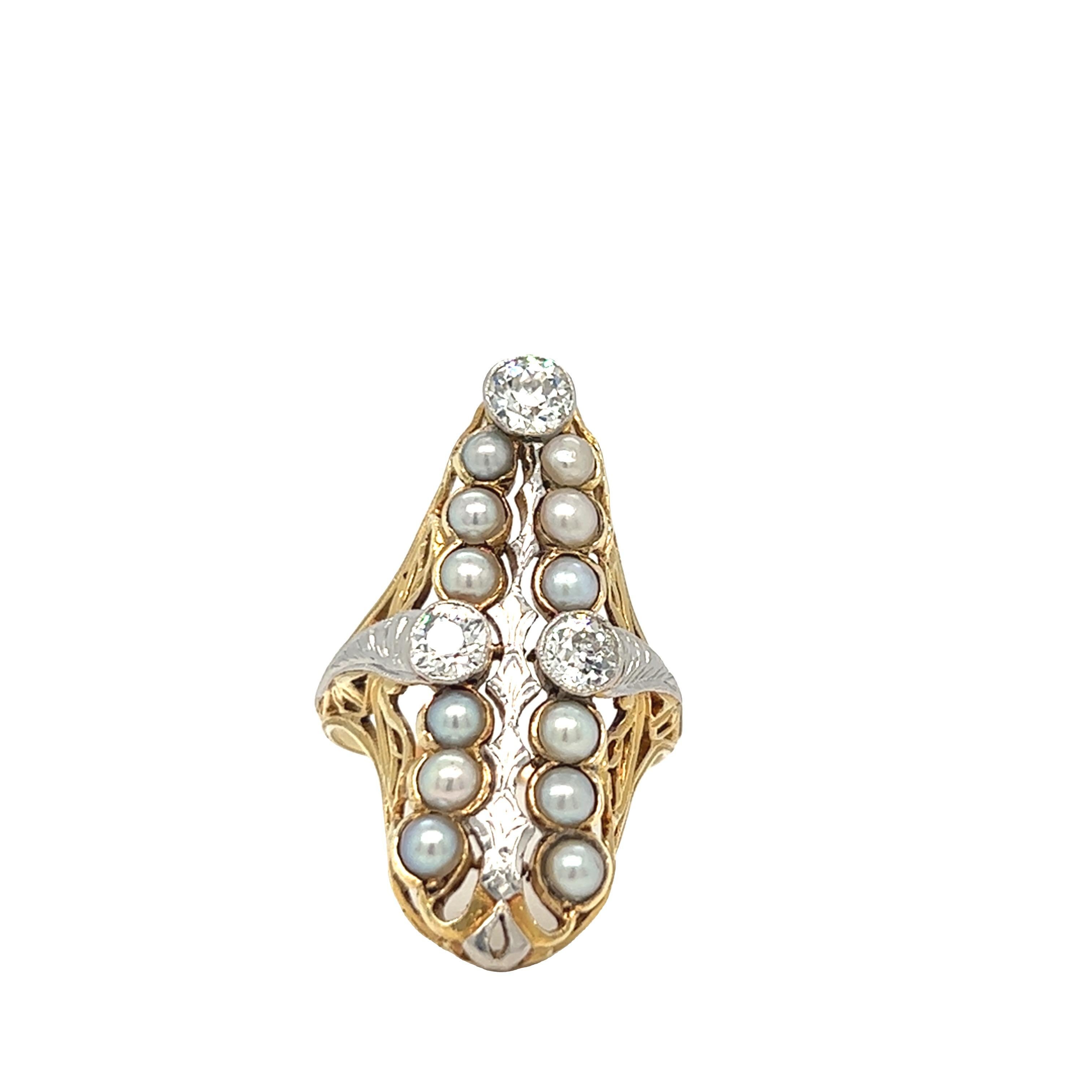 Antique Pearl and Diamond Navette Shield Ring 14K Yellow Gold Ring For Sale 3