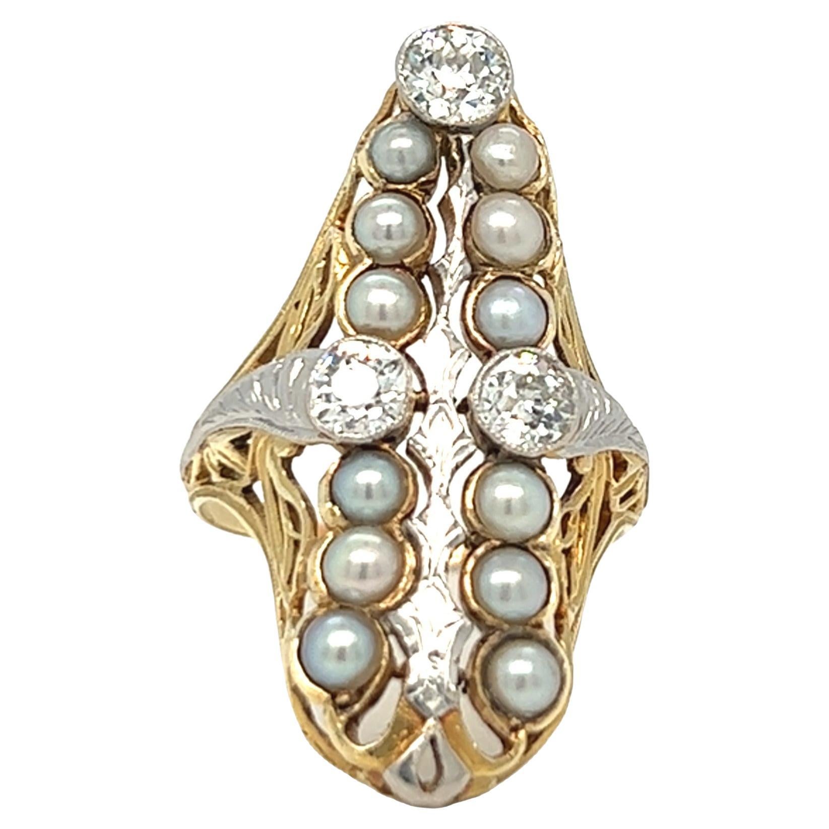 Antique Pearl and Diamond Navette Shield Ring 14K Yellow Gold Ring For Sale