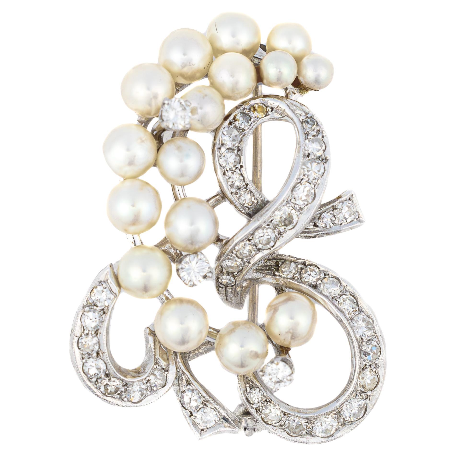 Antique Pearl and Diamond Ribbon Brooch