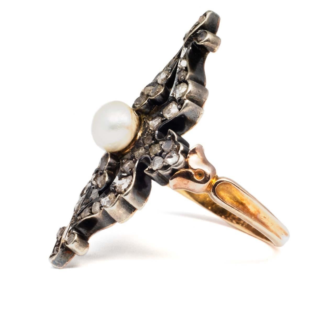 Rose Cut Antique Pearl and Diamond Ring, 1800s For Sale