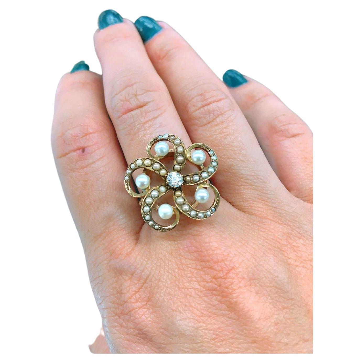 Antique imperial russian era ring in circular designe with white pearls flanked with seed pearls centered with old mine cut diamond estimate weight of 0.30 carart in 14k gold setting hall marked 56 imperial russian gold standard and coucase assay