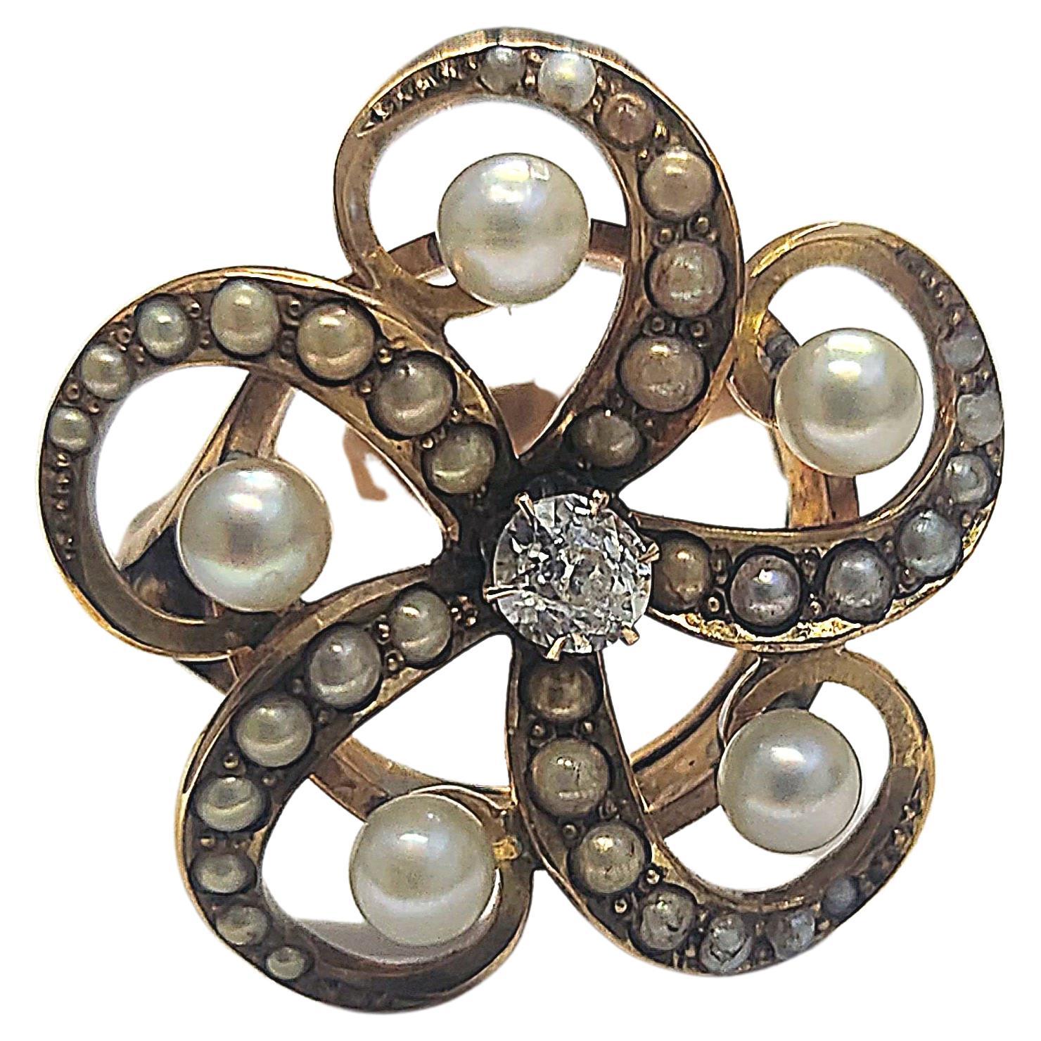 Women's Antique Pearl And Diamond Russian Gold Ring For Sale