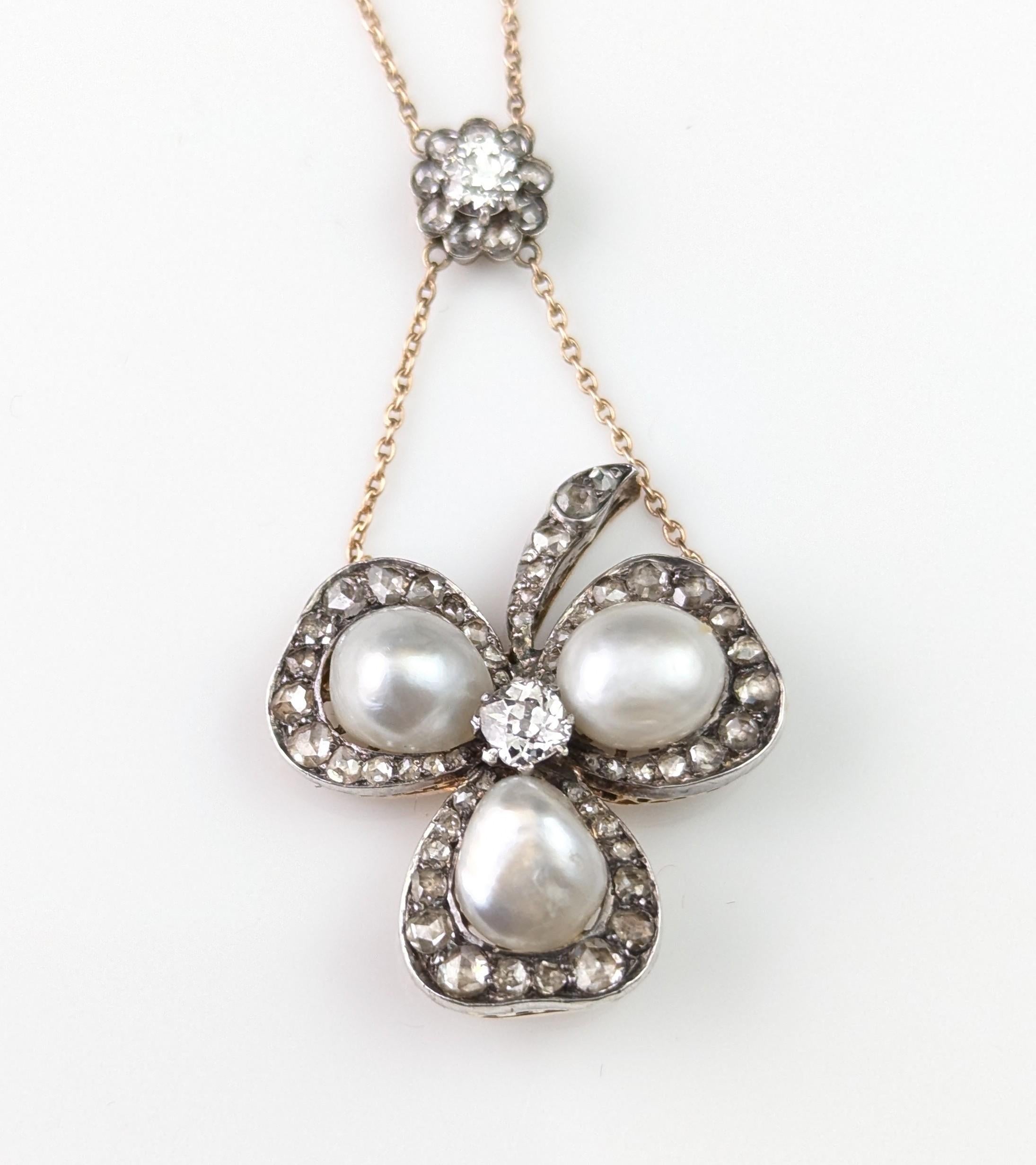 Antique Pearl and Diamond Shamrock pendant necklace, Brooch For Sale 7